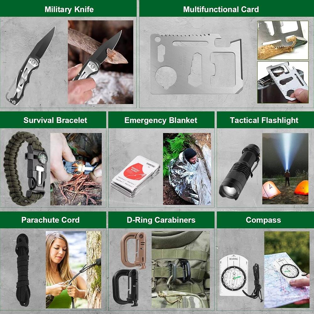 Military Knife  
Multifunctional Card  
Survival Bracelet  
Emergency Blanket  
Tactical Flashlight  
Parachute Cord  
D-Ring Carabiners  
Compass