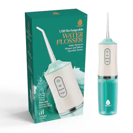 The text on the image can be grouped and corrected as follows:
**Product Name:**
- PURSONIC* USB Rechargeable WATER FLOSSER
**Features:**
- Helps and Dilute Plaque Toxins
- Harmful Toxins
- Soft Normal Pulse
- 7.5 oz Water tank Reservoir (220 ml)
- 3 Modes
**Additional Information:**
- Removes Harmful Toxins
- Soft Normal Pulse
**Brand:**
- PURSONIC*
**Note:** The asterisk (*) next to PURSONIC may indicate additional information or terms and conditions not visible in the image.