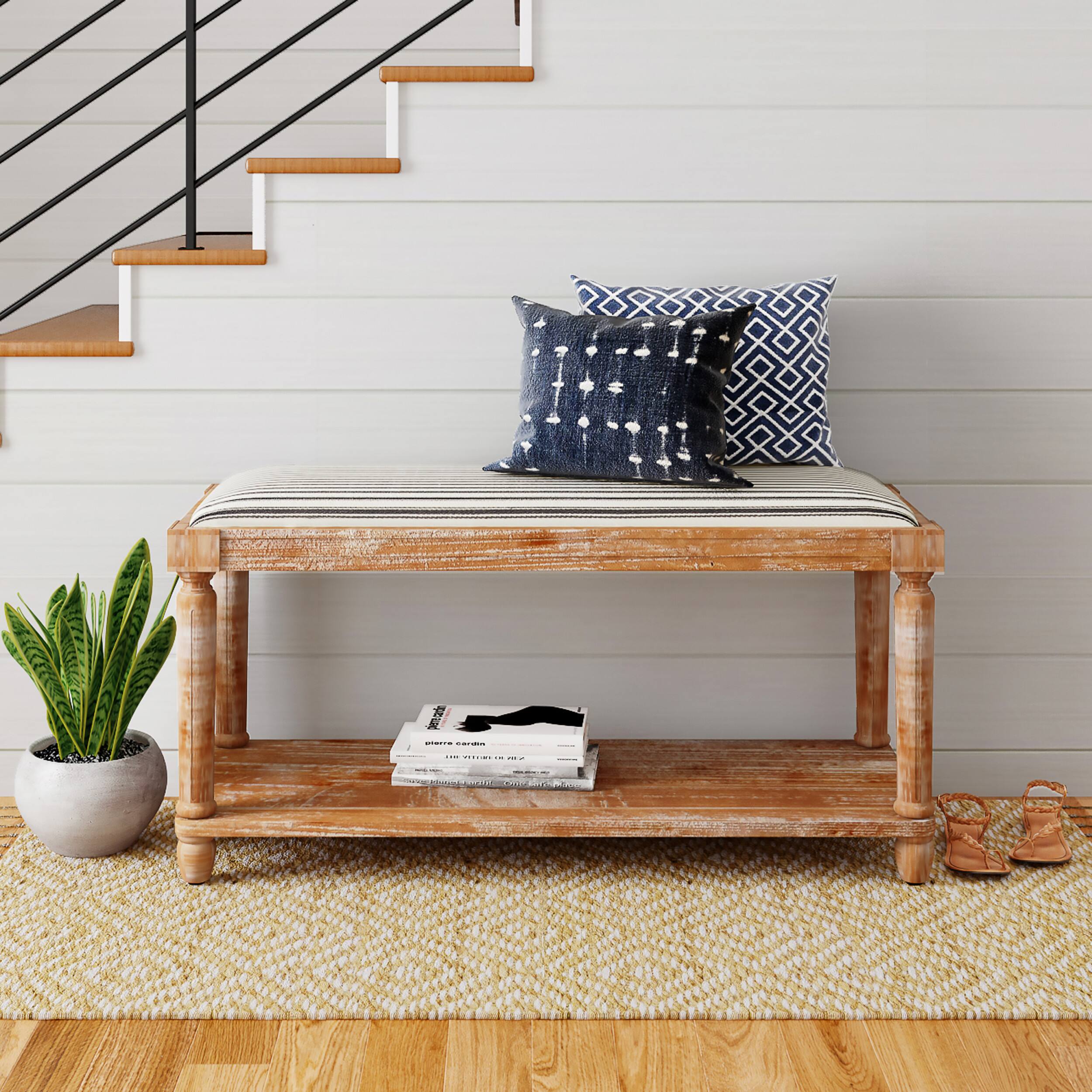 Angle. Finch - Graydon Upholstered Bench - Distressed Natural.