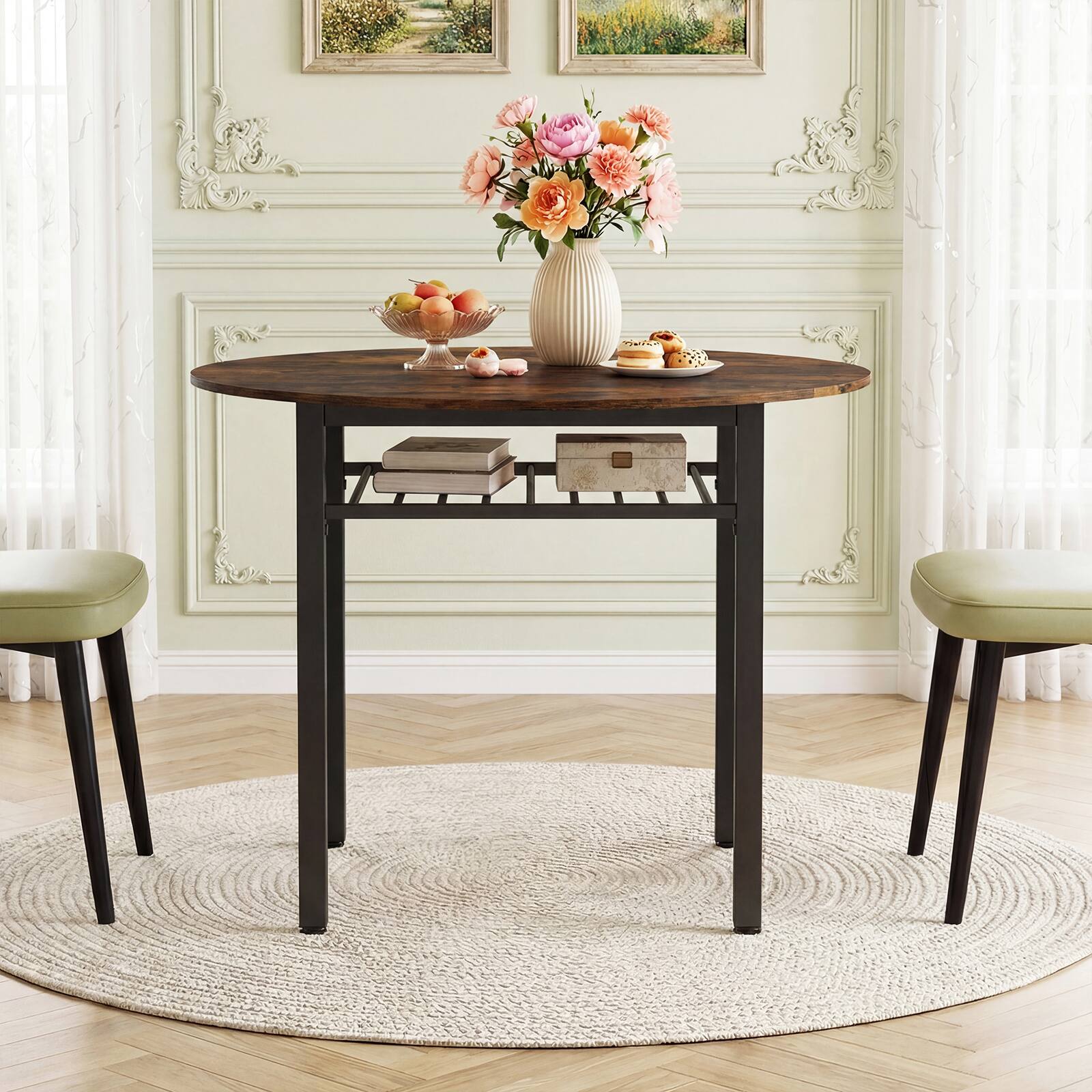Alt View 1. Costway - Costway Dining Table for 2-4 People,40" Round Kitchen Table with Storage Shelf&Metal Frame - Rustic Brown + Black.