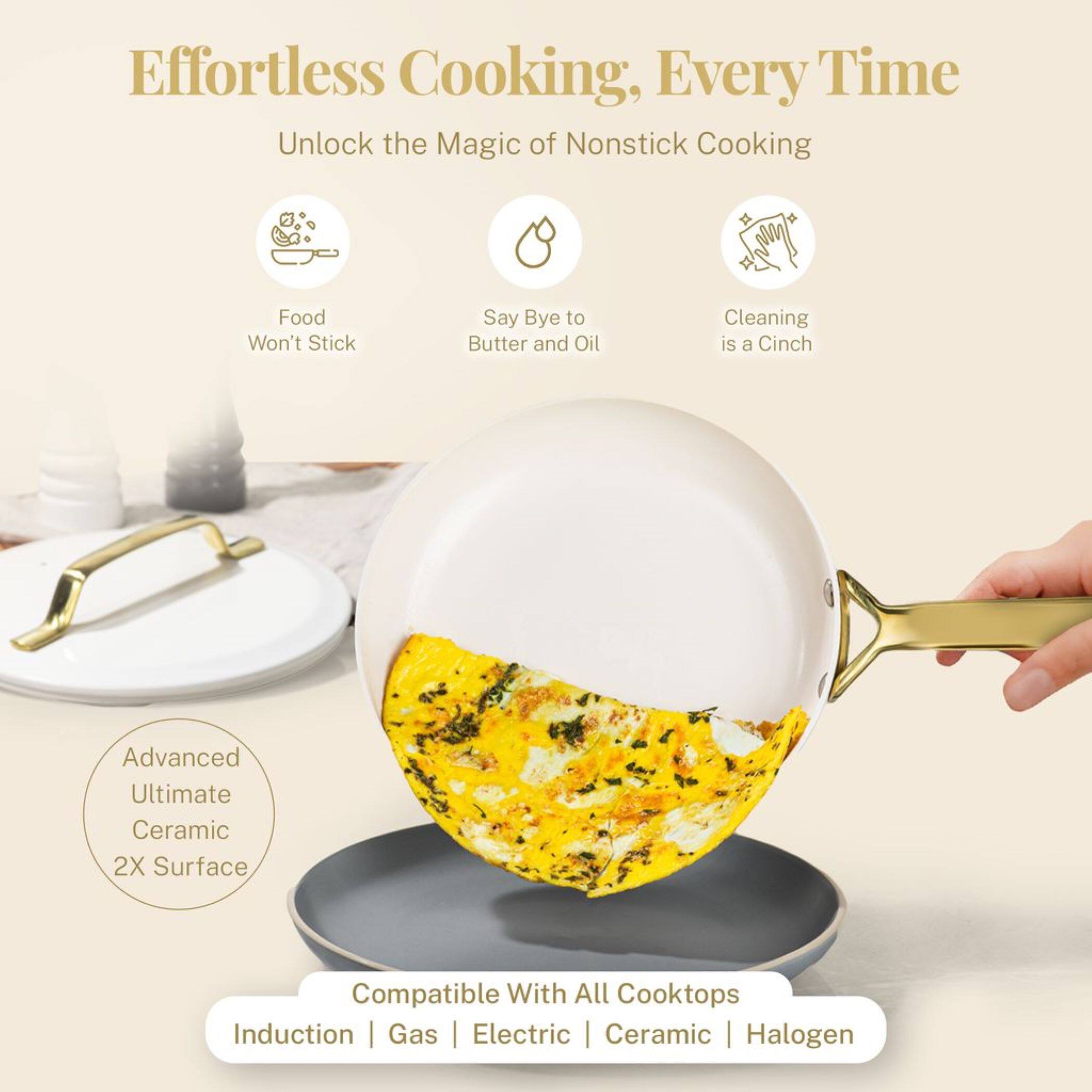 Effortless Cooking, Every Time
Unlock the Magic of Nonstick Cooking
Food Won't Stick
Say Bye to Butter and Oil
Cleaning is a Cinch
Advanced Ultimate Ceramic 2X Surface
Compatible With All Cooktops
Induction | Gas | Electric | Ceramic | Halogen