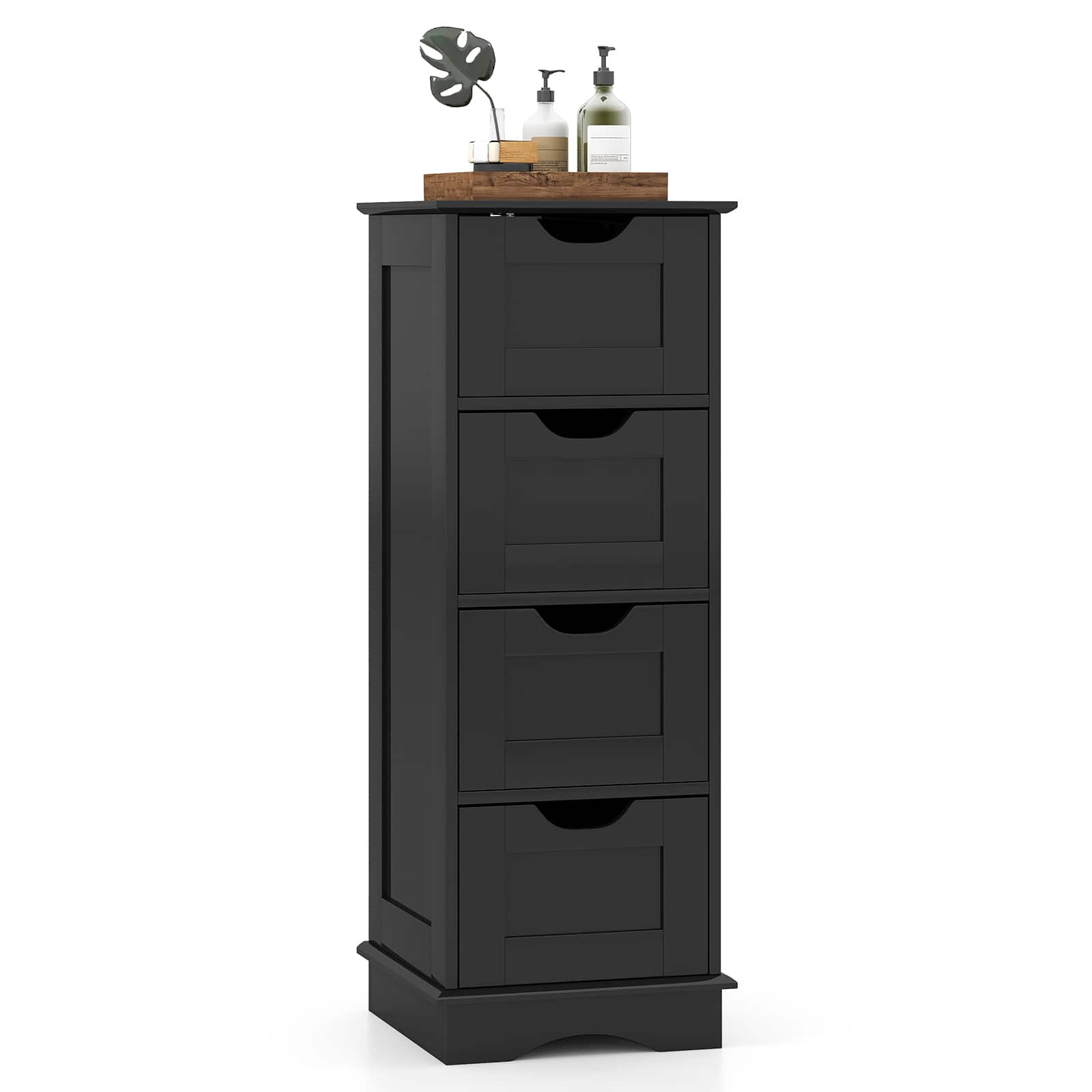 Gymax - 4-Drawer Bathroom Cabinet w/Cut-out Handles Anti-toppling Device Narrow Entryway - Black
