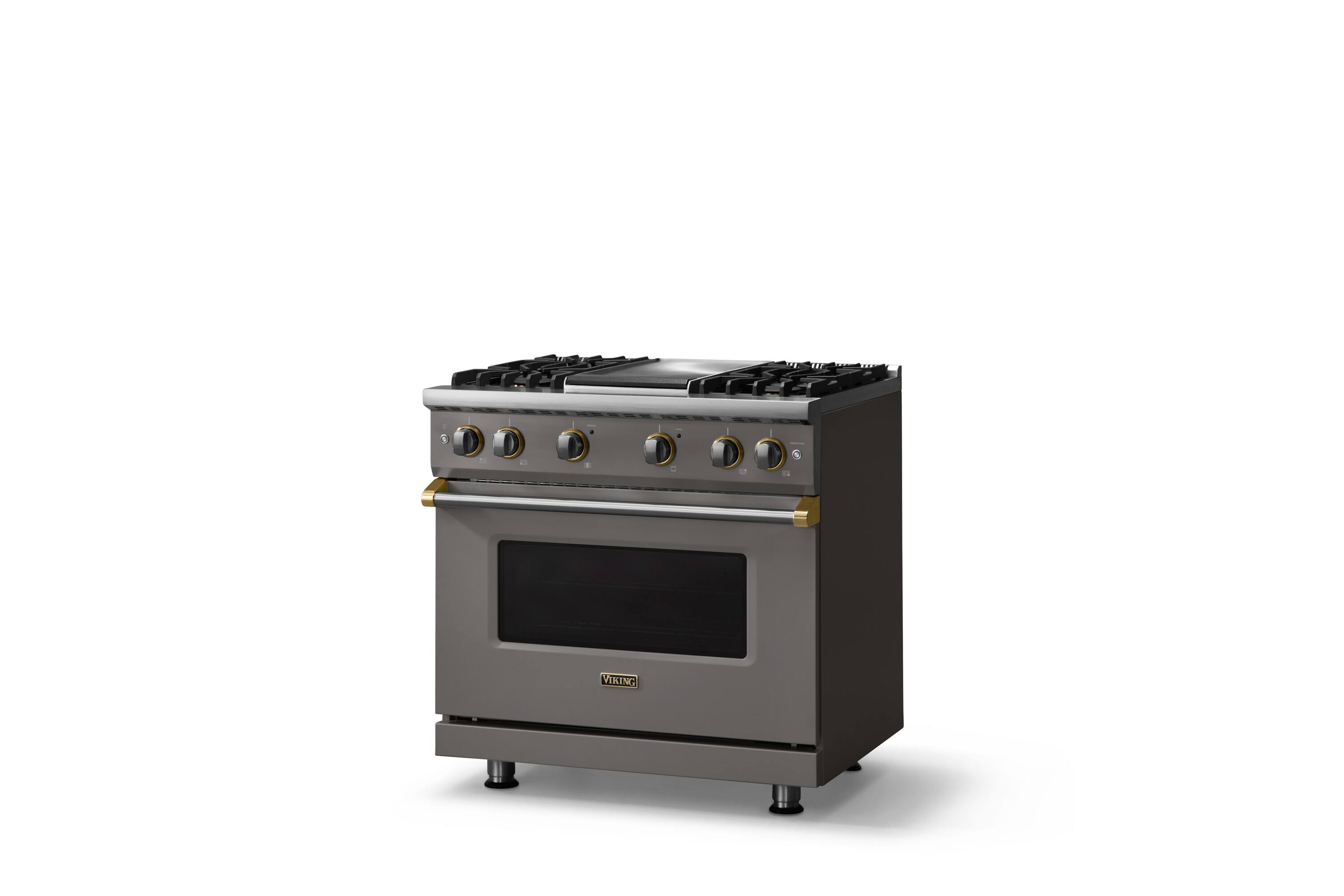 Angle. Viking - Pro 5 Series 5.1 Cu. Ft. Freestanding Sealed 4 Burner LP Gas Convection Range/Griddle - Damascus Gray w. Brushed Brass - Damascus Gray.