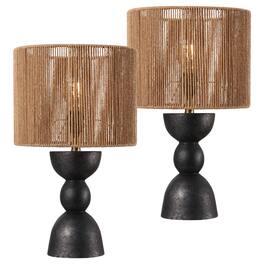 Jonathan Y - Sherry 22 in. Bohemian Hourglass Totem Resin with Hand-Woven Paper Rope Drum Shade LED Table Lamp, (Set of 2) - Black