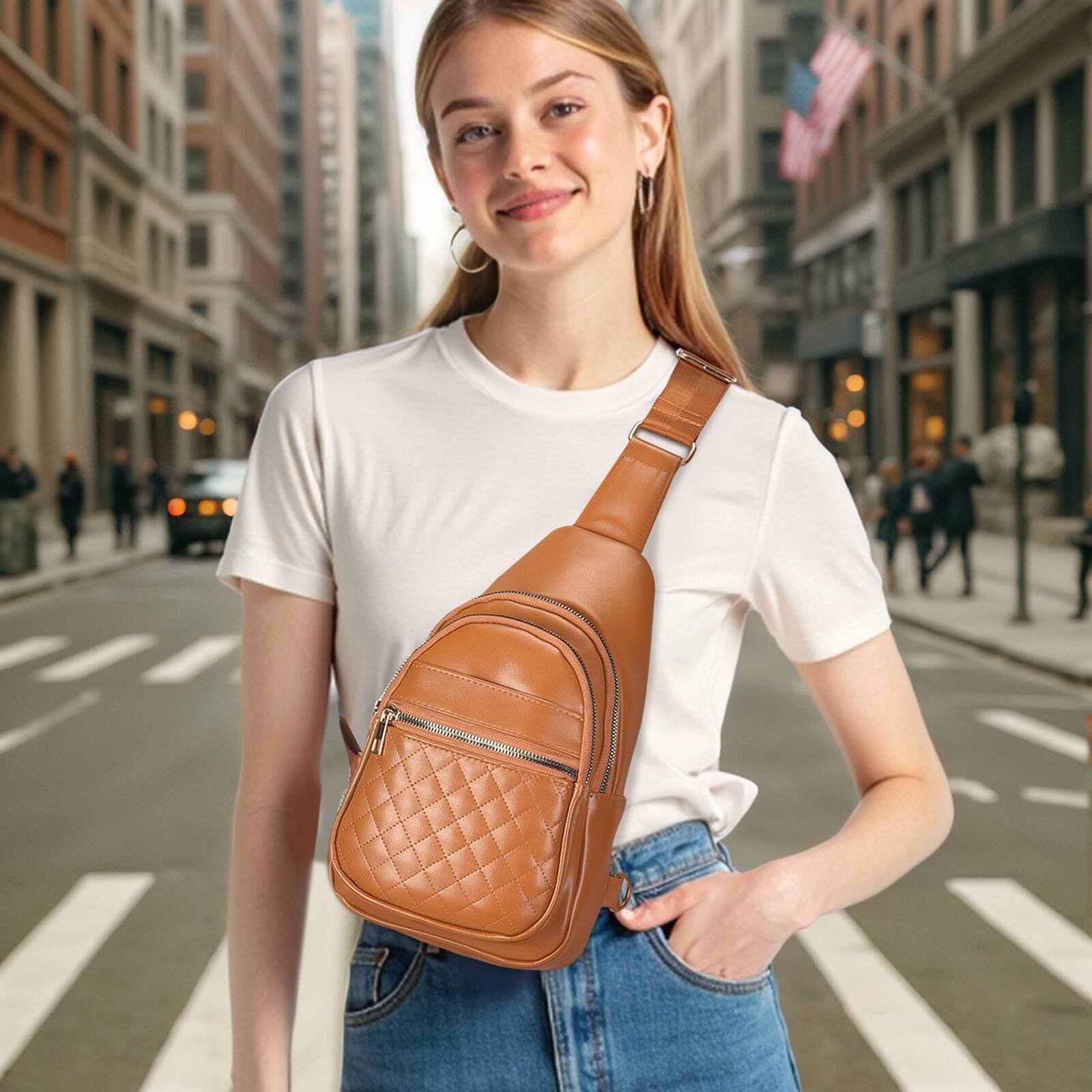 Alt View 1. Unique Bargains - Crossbody Bags for Women Men Leather Sling Bag Cross Body Backpack for Women Casual Chest Bag Daypack for Travel Hiking - Brown.
