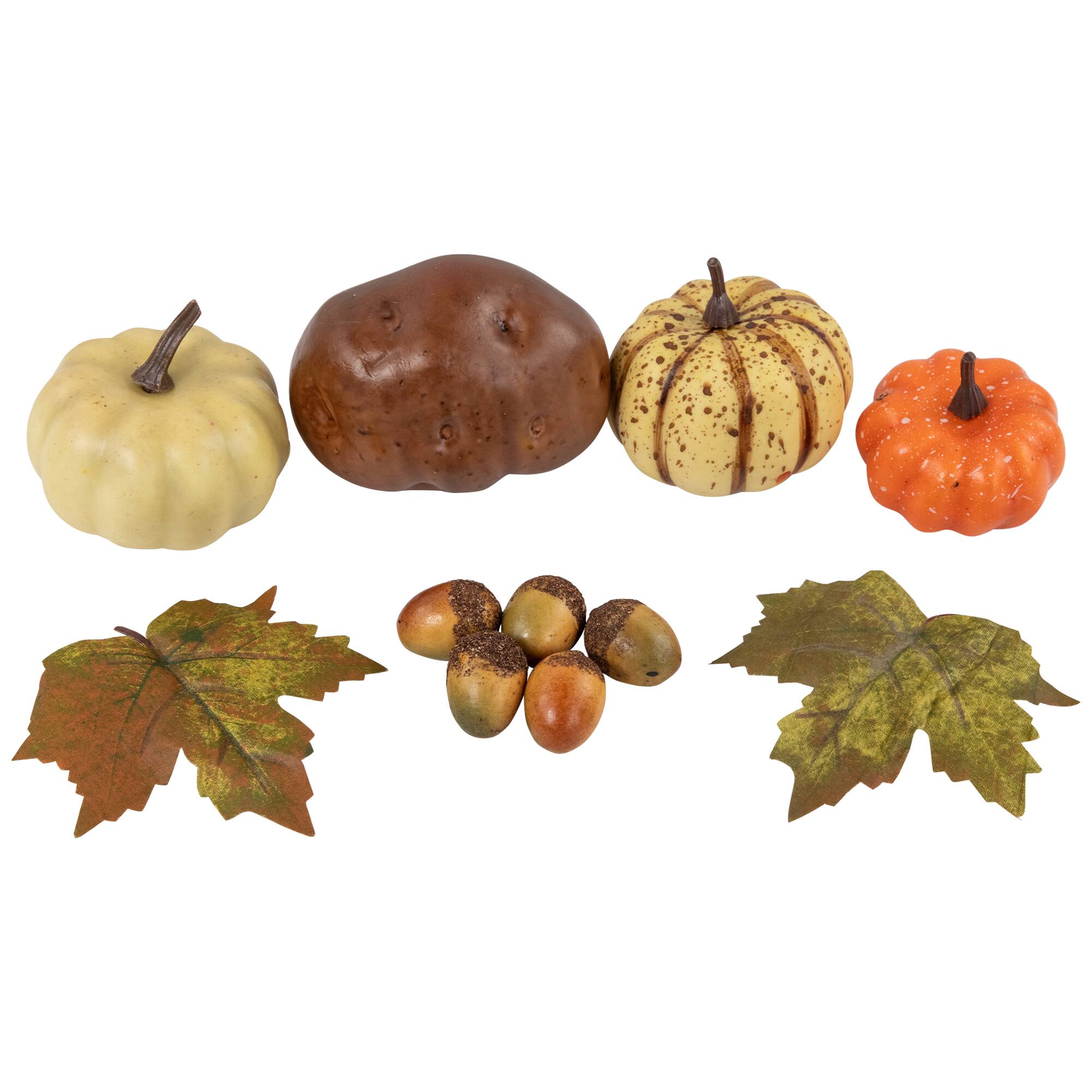Alt View 1. Northlight - 11-Piece Fall Harvest Artificial Pumpkin, Acorn and Leaf Decoration Set - Brown.