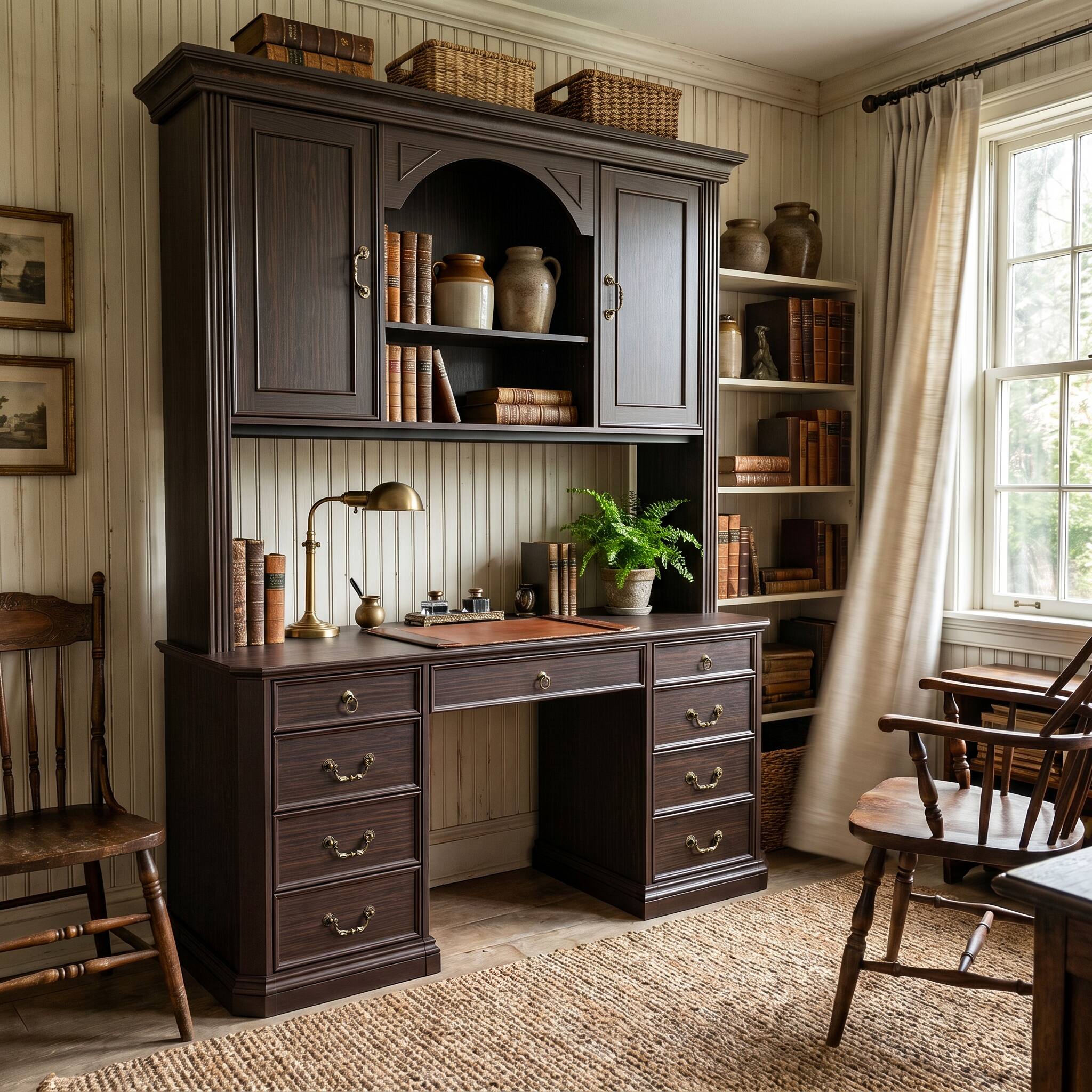 Angle. Famapy - Bookcase Desk with Hutch & Drawers, Large Computer Desk with Arched Shelves for Home Library Student Writing Station - Dark Brown.