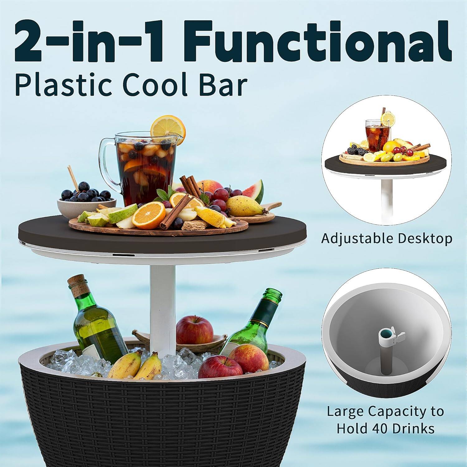 2-in-1 Functional Plastic Cool Bar

Adjustable Desktop

Large Capacity to Hold 40 Drinks