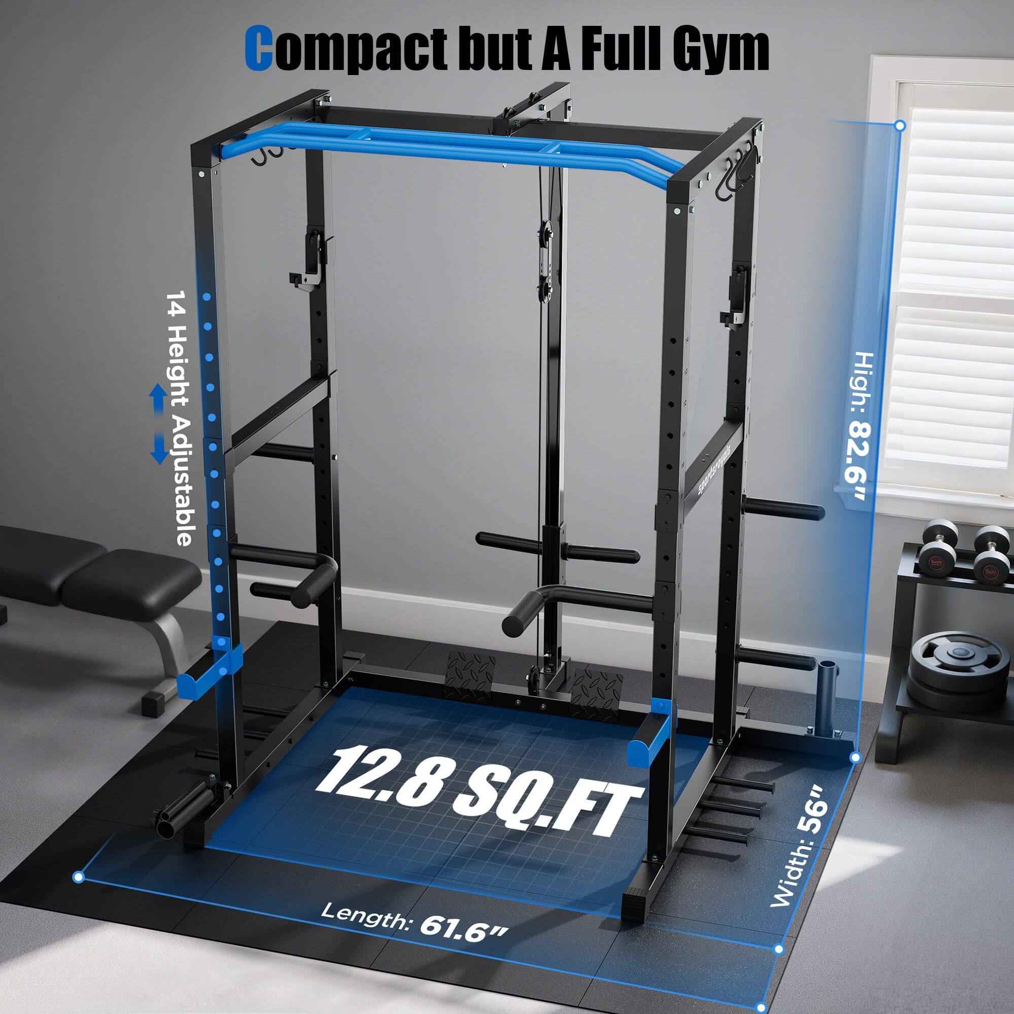 Compact but A Full Gym  
14 Height Adjustable  
High: 82.6"  
Length: 61.6"  
Width: 56"  
12.8 SQ.FT