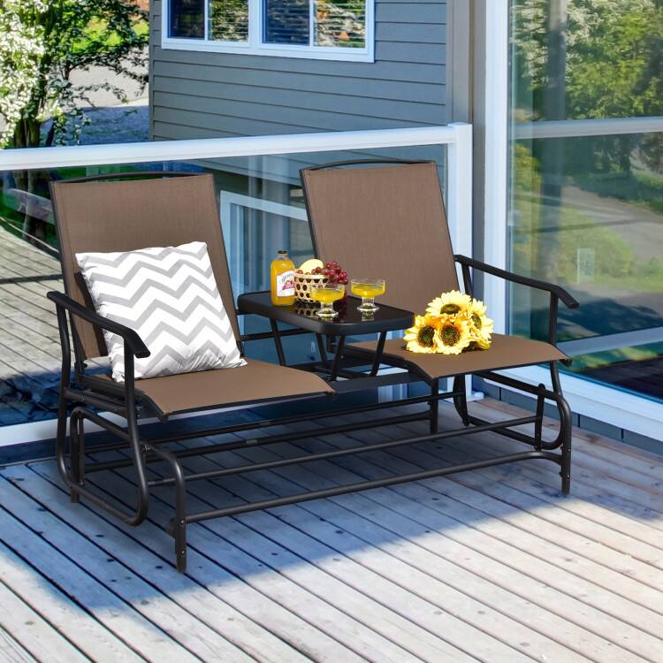 Alt View 3. Mondawe - 2-Person Rocking Loveseat w/ Center Tempered Glass Table, Double Outdoor Glider Bench with Mesh Fabric - Brown.