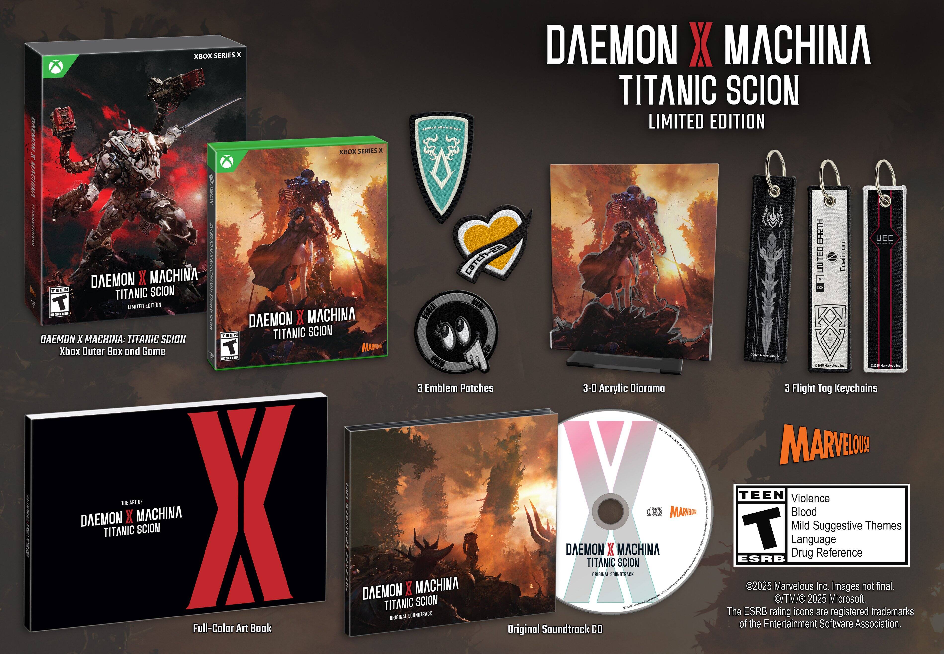 Xbox Series X Daemon X Machina Titanic Scion Limited Edition. The box includes an outer box, game disc, and various items such as emblem patches, acrylic diorama, flight toy keychains, and a soundtrack. The game is rated T for Teen and has a suggested age of 13+. The ESRB rating icons are registered trademarks of the Entertainment Software Association. The game is set in a world where humanity has been driven from the earth by mechanical beings, and players take on the role of a mercenary pilot in a battle against these machines. The game features a full-color art book and an original soundtrack.