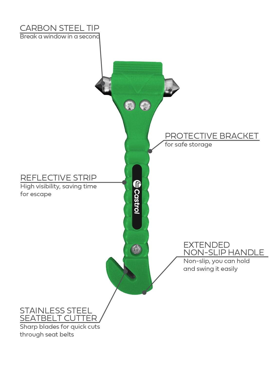 CARBON STEEL TIP  
Break a window in a second

PROTECTIVE BRACKET  
for safe storage

REFLECTIVE STRIP  
High visibility, saving time for escape

EXTENDED NON-SLIP HANDLE  
Non-slip, you can hold and swing it easily

STAINLESS STEEL SEATBELT CUTTER  
Sharp blades for quick cuts through seat belts