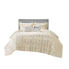 Gracie Mills - Isabelle 5-Piece Metallic Geometric Comforter Set - Ivory/Gold