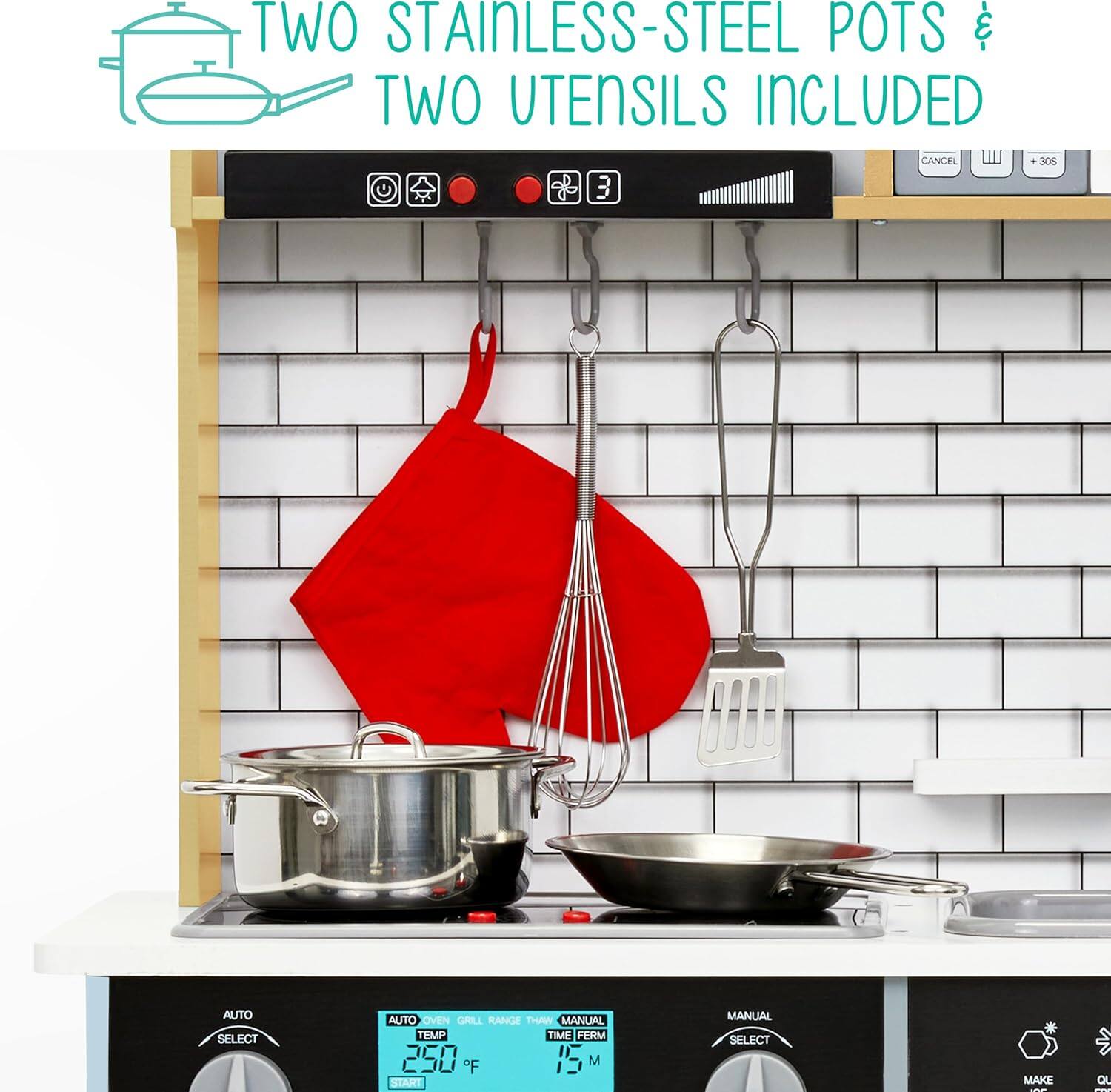 TWO STAINLESS-STEEL POTS TWO UTENSILS INCLUDED
CANCEL W - 306
AUTO SELECT
AUTO OVEN GRILL RANGE THAW
MANUAL TEMP TIME FERM
250 F 15 M STARE
MANUAL SELECT MAKE 2 QL