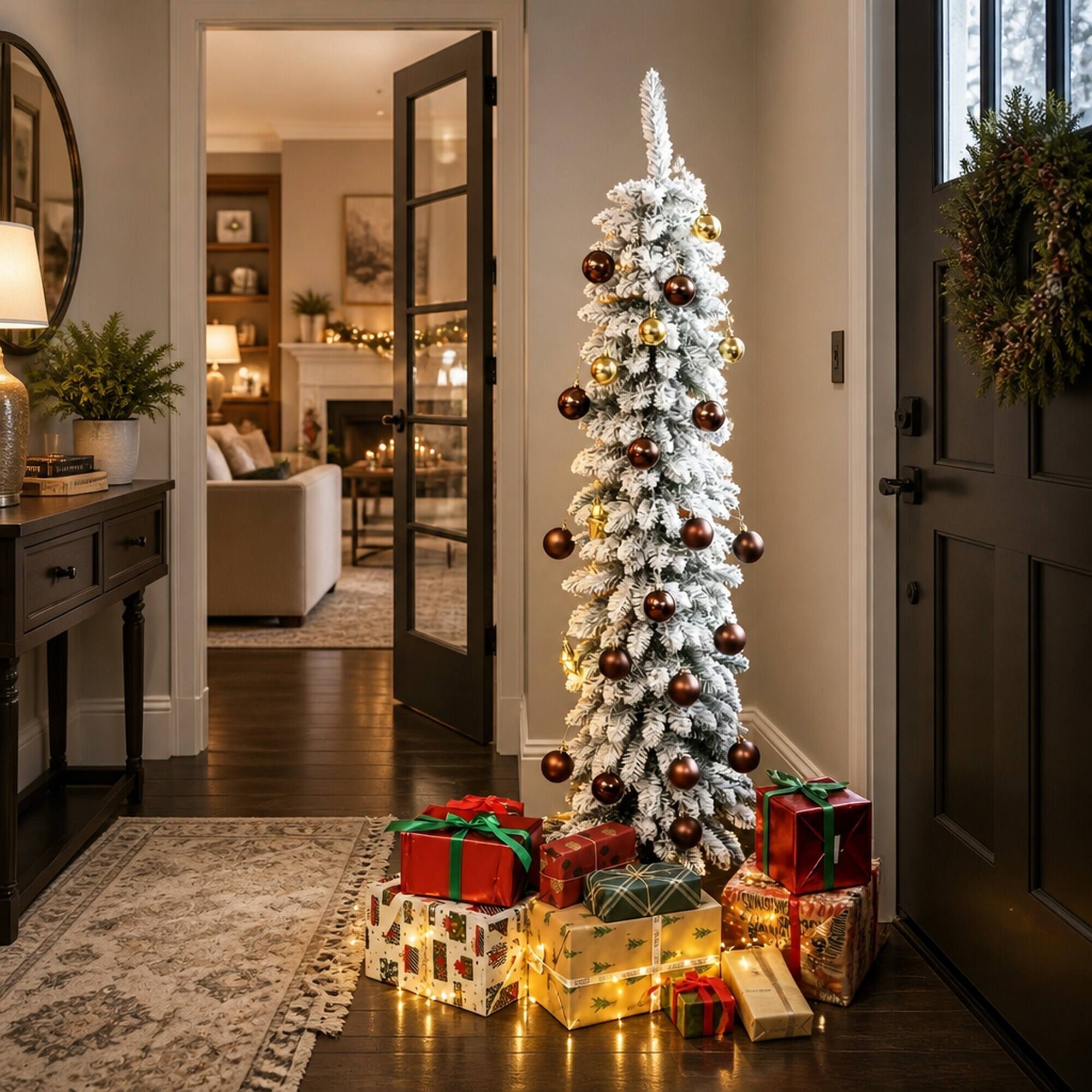 Alt View 1. RYHNUYNE - 5FT Unlit Flocked Slim Pencil Christmas Tree With 301 Realistic Snow Tips - Green.