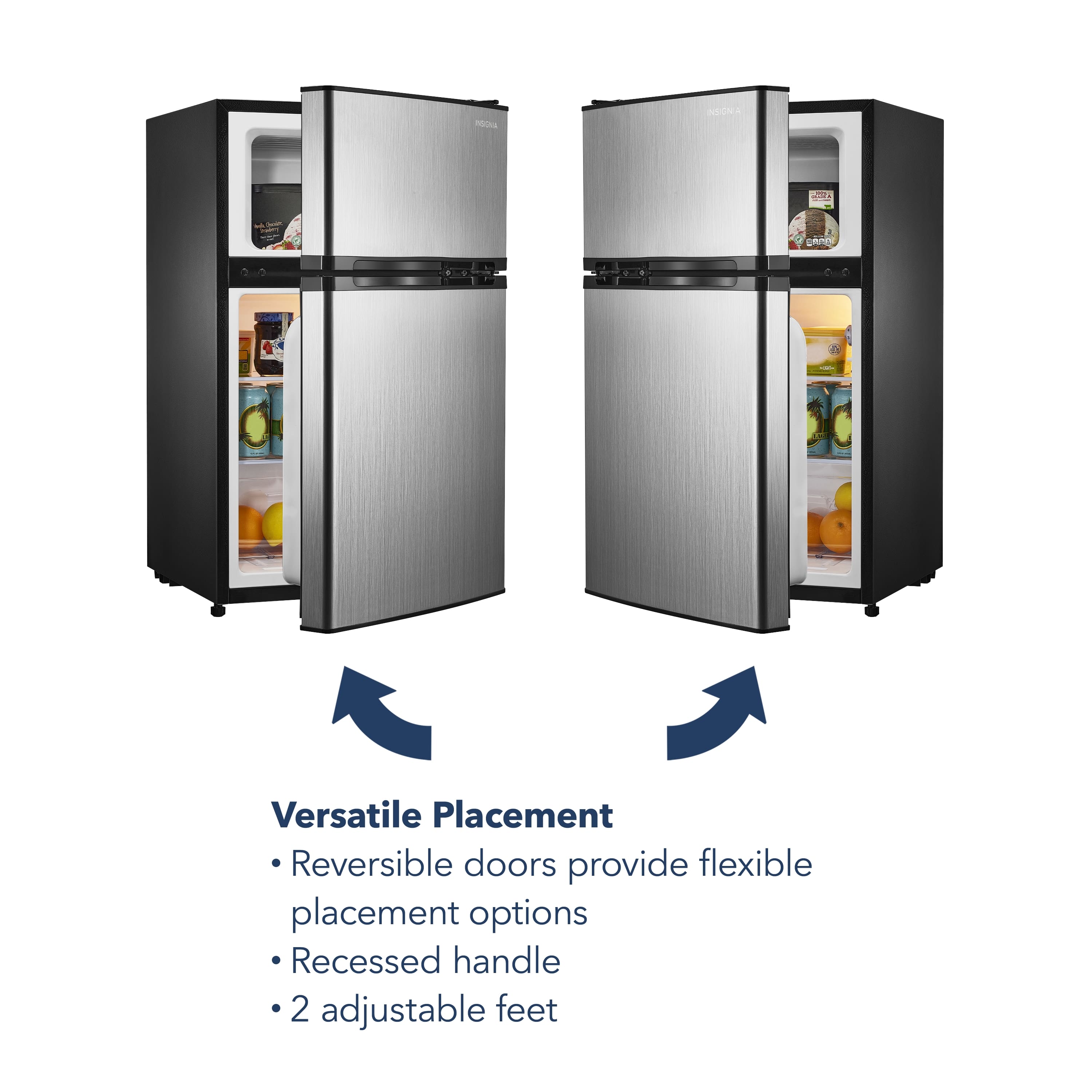 Versatile Placement Reversible doors provide flexible placement options Recessed handle 2 adjustable feet