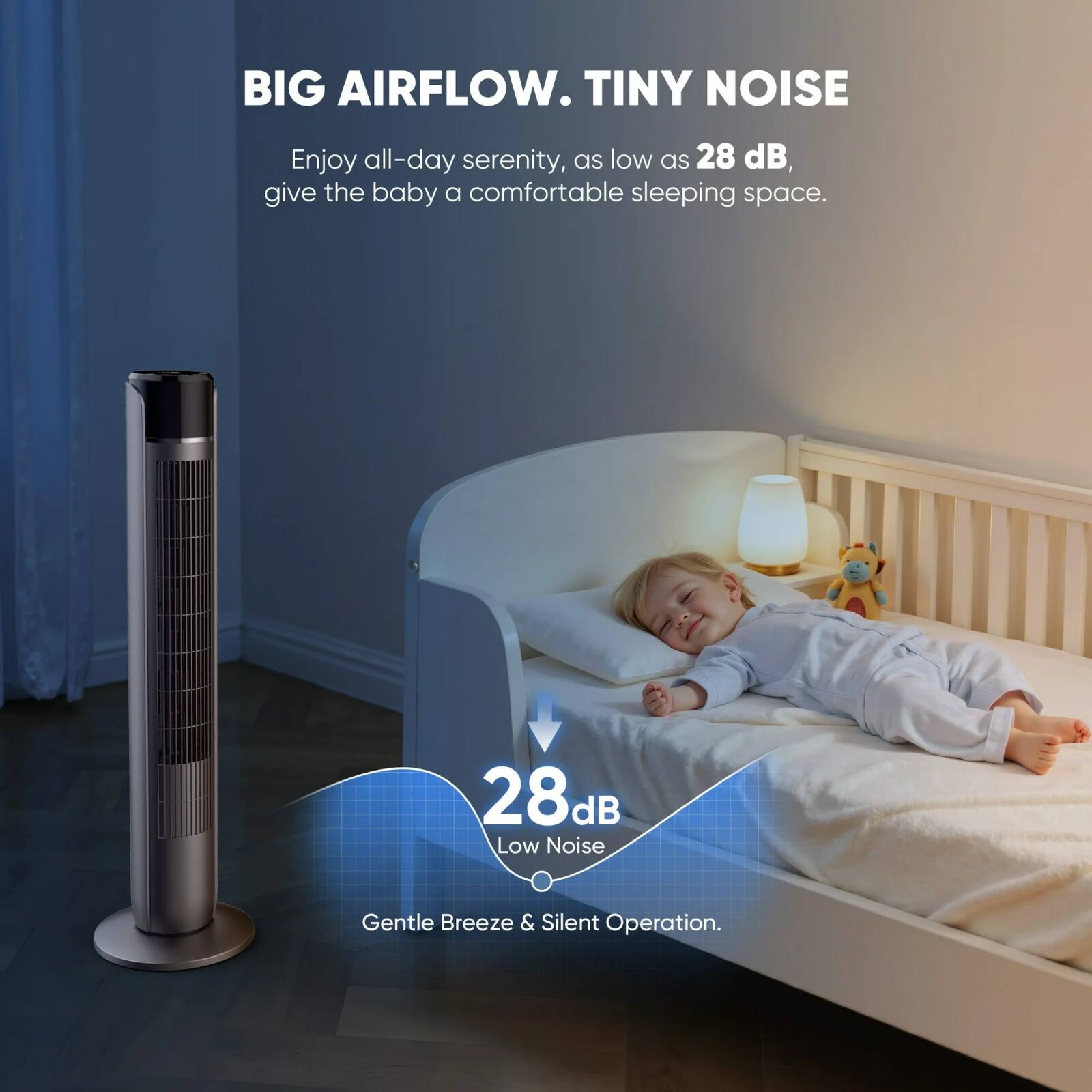 BIG AIRFLOW. TINY NOISE

Enjoy all-day serenity, as low as 28 dB, give the baby a comfortable sleeping space.

28 dB
Low Noise
Gentle Breeze & Silent Operation.