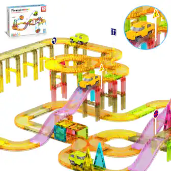 PicassoTiles - PICASSO-TILES Race Track Magnetic Tiles for Kids, 60PCS with 2 Racing Cars, STEM Building Blocks Educational Toy