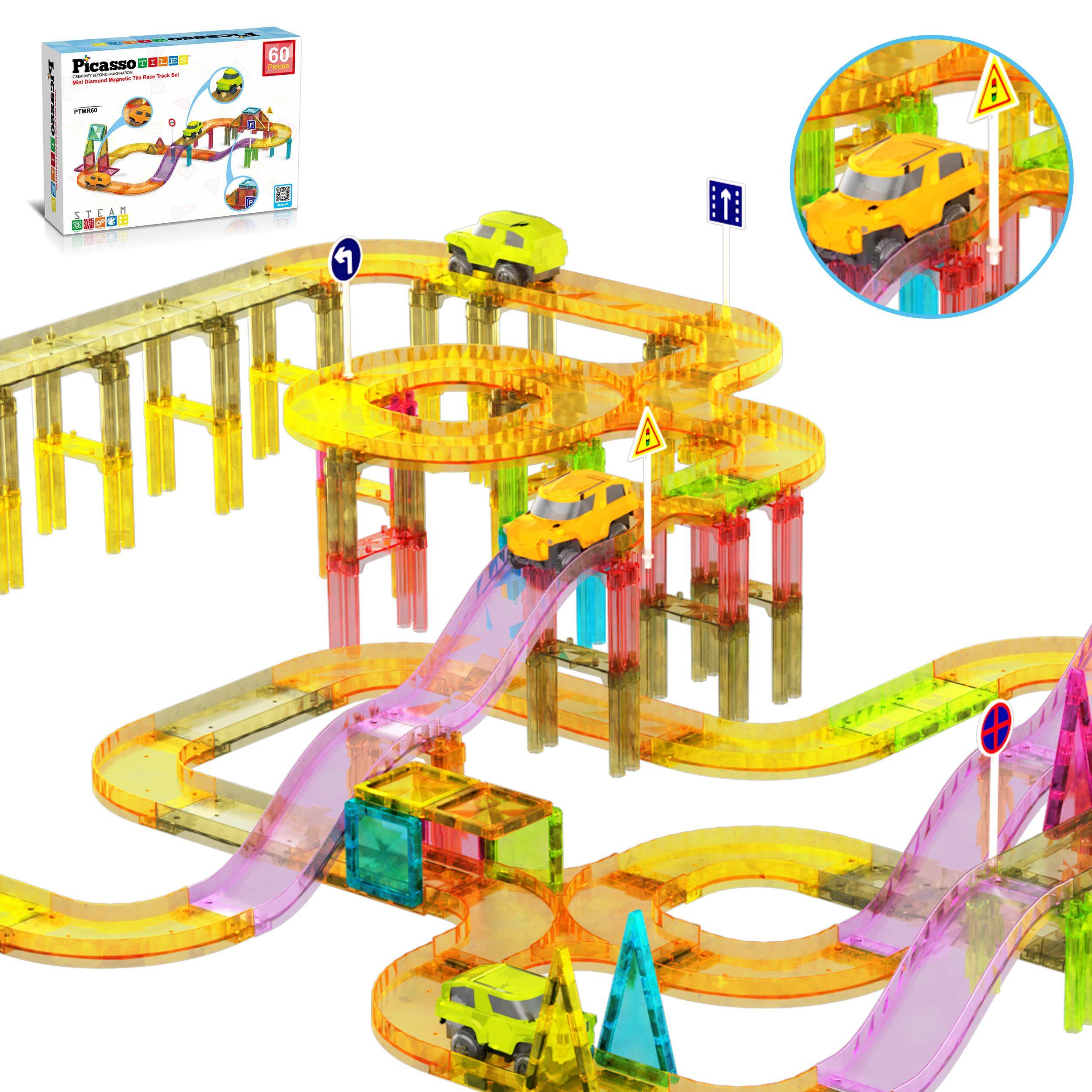 PicassoTiles - PICASSO-TILES Race Track Magnetic Tiles for Kids, 60PCS with 2 Racing Cars, STEM Building Blocks Educational Toy - Multicolor