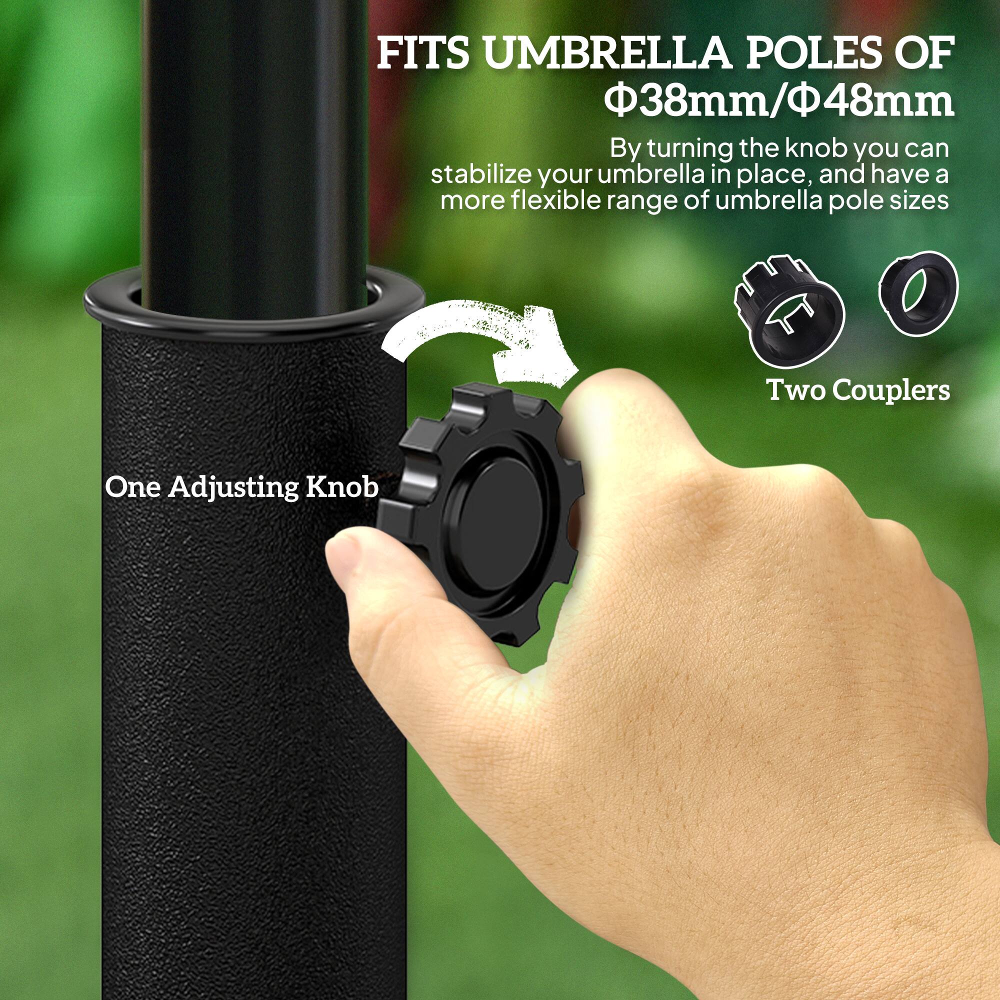 FITS UMBRELLA POLES OF 38mm/48mm
By turning the knob you can stabilize your umbrella in place, and have a more flexible range of umbrella pole sizes
One Adjusting Knob
Two Couplers