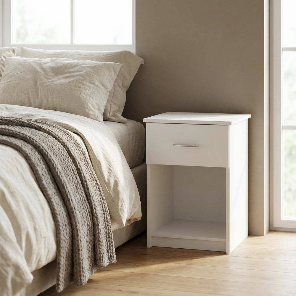 Left. FurniFact - White Nightstand with Handle and Spacious Drawer for Bedroom Storage - Solid White.