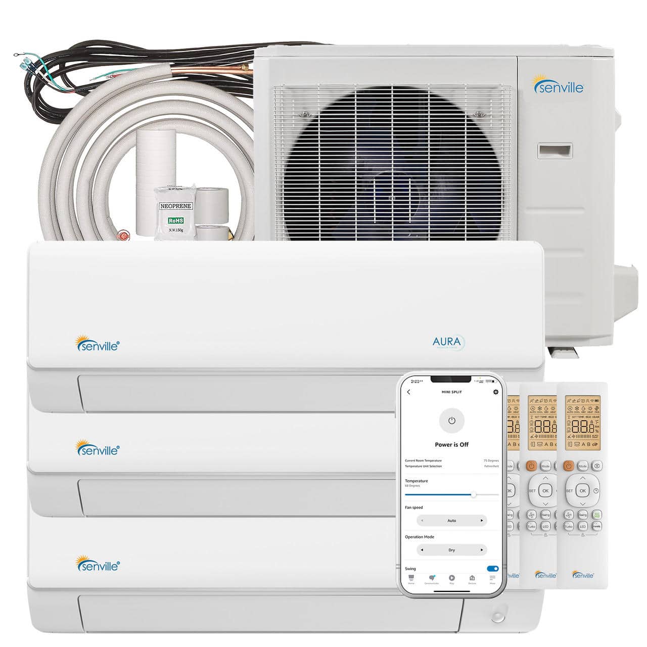 Senville - 36,000 BTU Tri-Zone Ductless Mini Split Air Conditioner and Heat Pump with 3 x 12,000 BTU Units - White