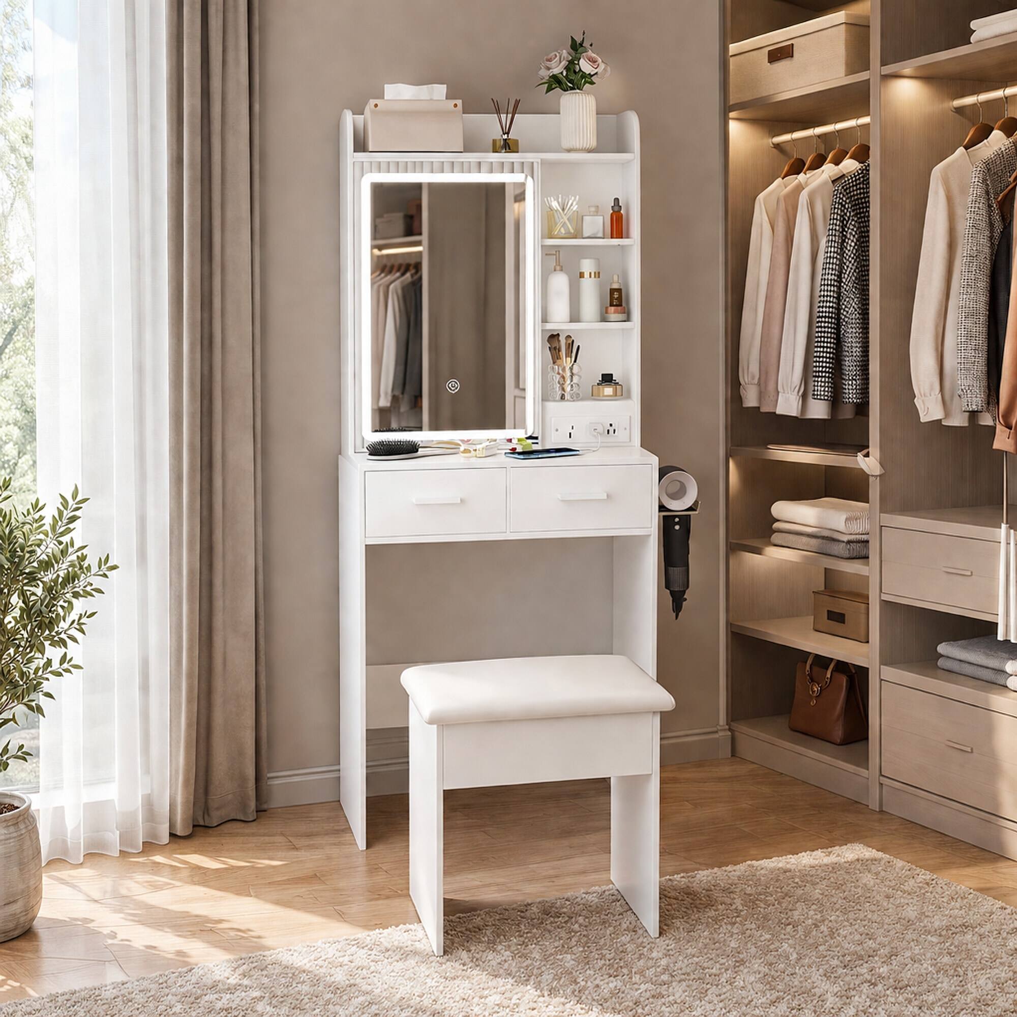 Left. RYHNUYNE - Small Makeup Vanity Desk with Mirror, Adjustable LED Lights, Power Outlet, Hidden Storage, Padded Stool, White - White.