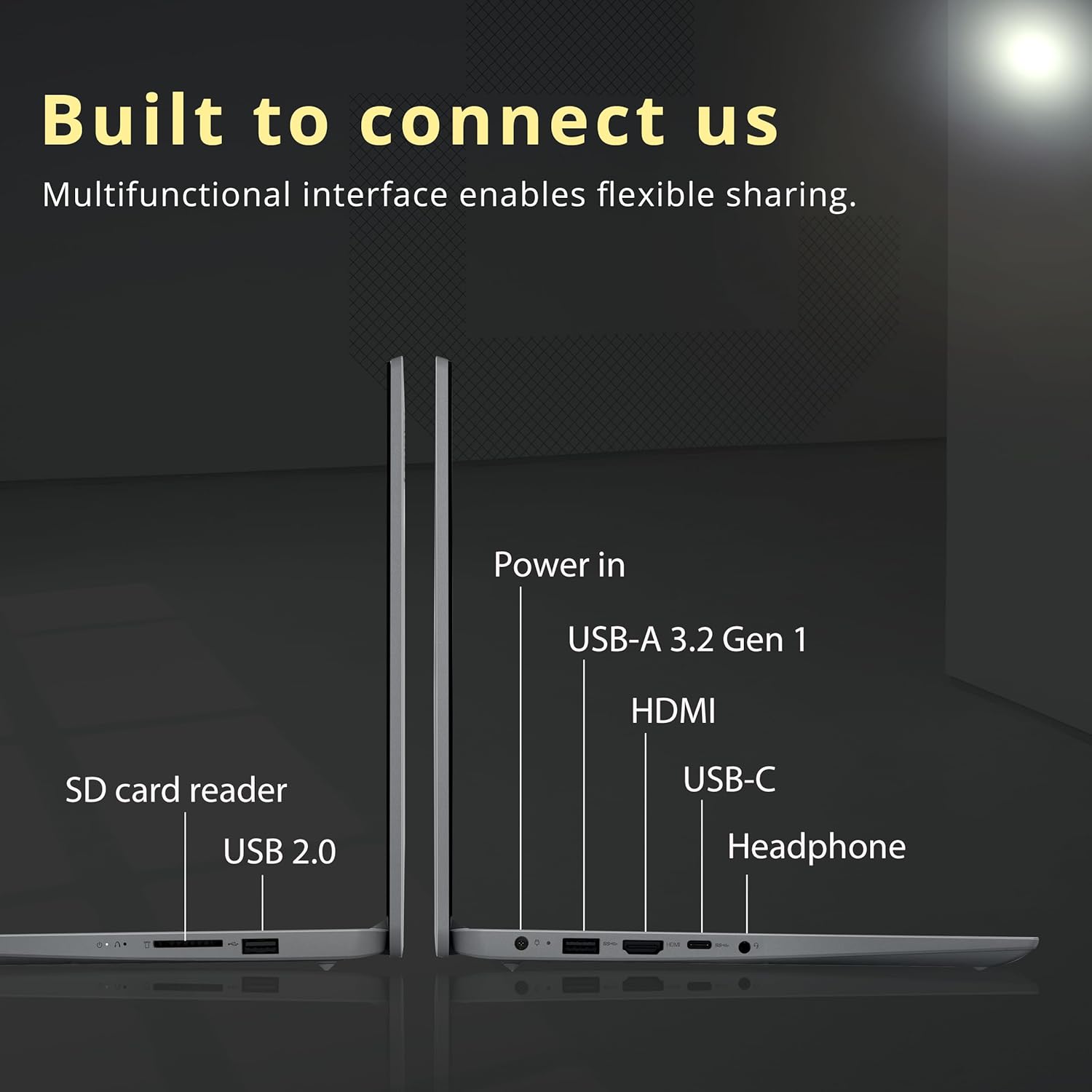 Built to connect us, Multifunctional interface enables flexible sharing. Power in, USB-A 3.2 Gen 1, HDMI, SD card reader, USB 2.0, USB-C, Headphone.