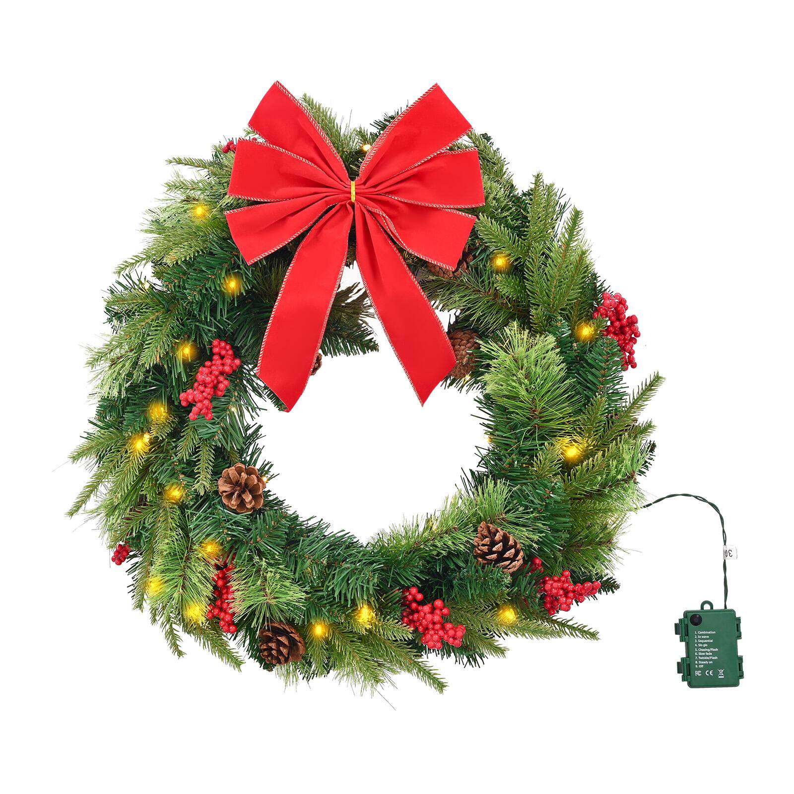 Alt View 5. VEVOR - Christmas Wreath, 24 Inches Pre-Lit Artificial Christmas Wreath with 50 LED Lights and Timer, Decorated with Pine Cones - Green + Red.