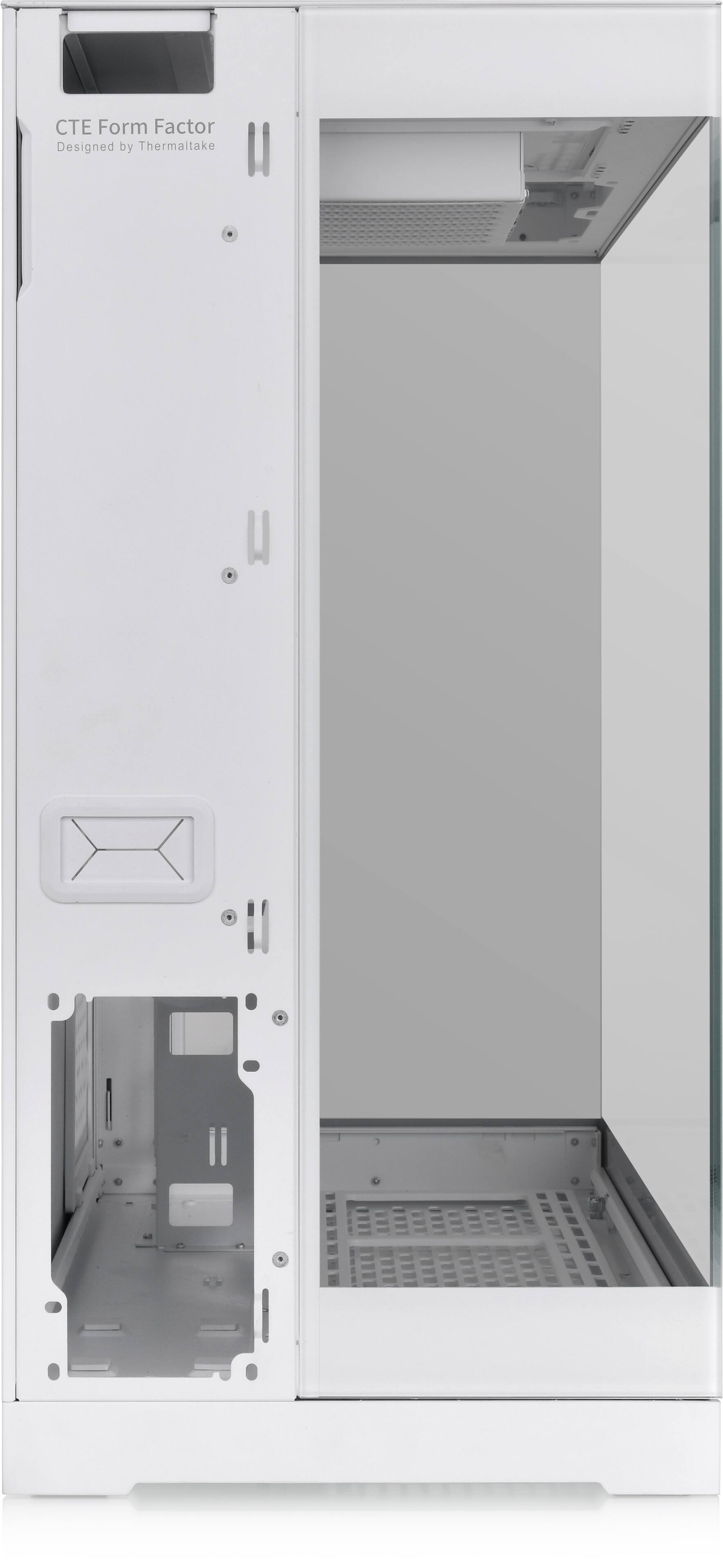 The image shows a white cabinet with a glass door, designed by Thermaltake. The cabinet is open, revealing a white interior.