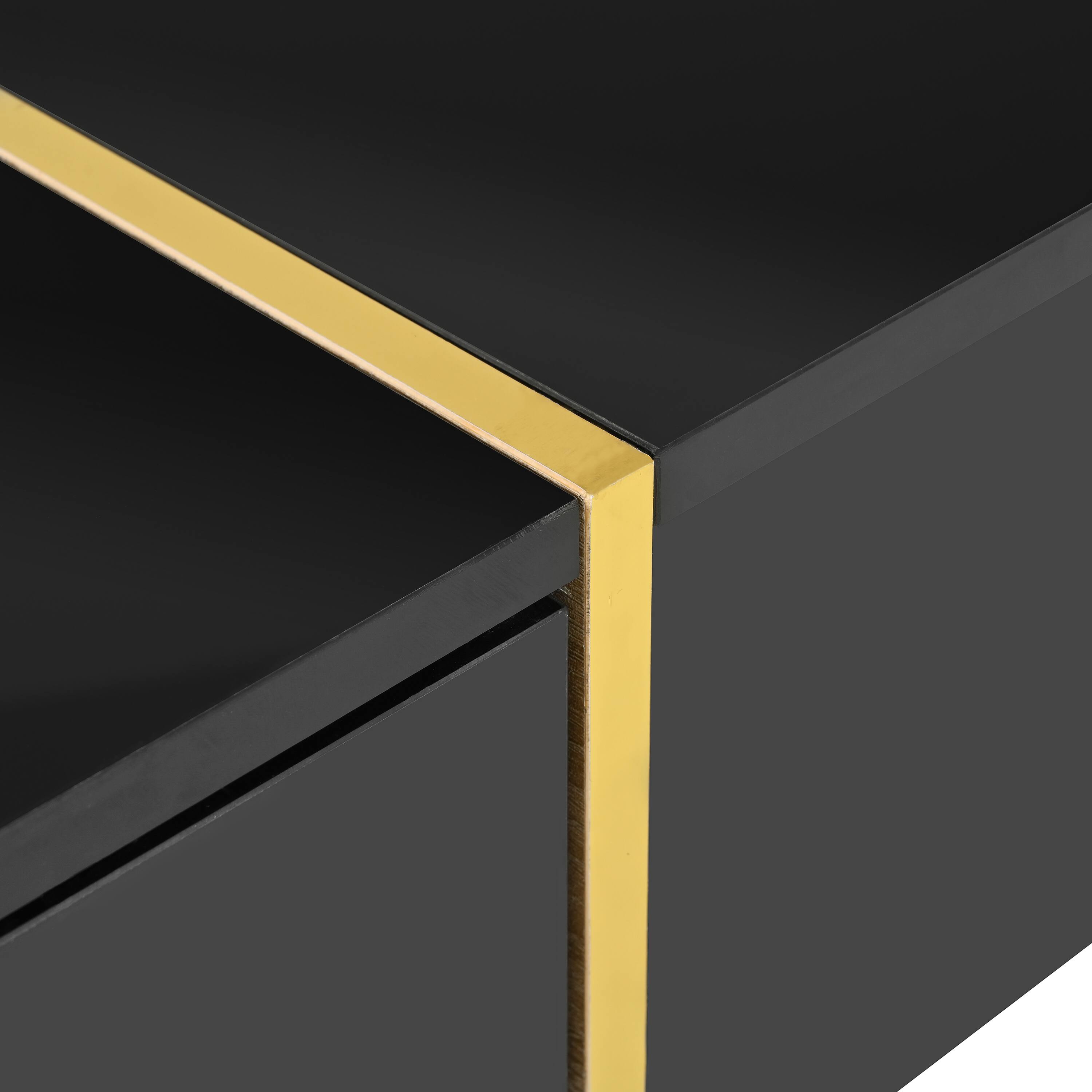 Alt View 8. Tiramisubest - Minimalist High Gloss Coffee Table with 2 Drawers,Multi-Storage Rectangle Sofa Table with Golden Wood Grain Legs,Black - Black.