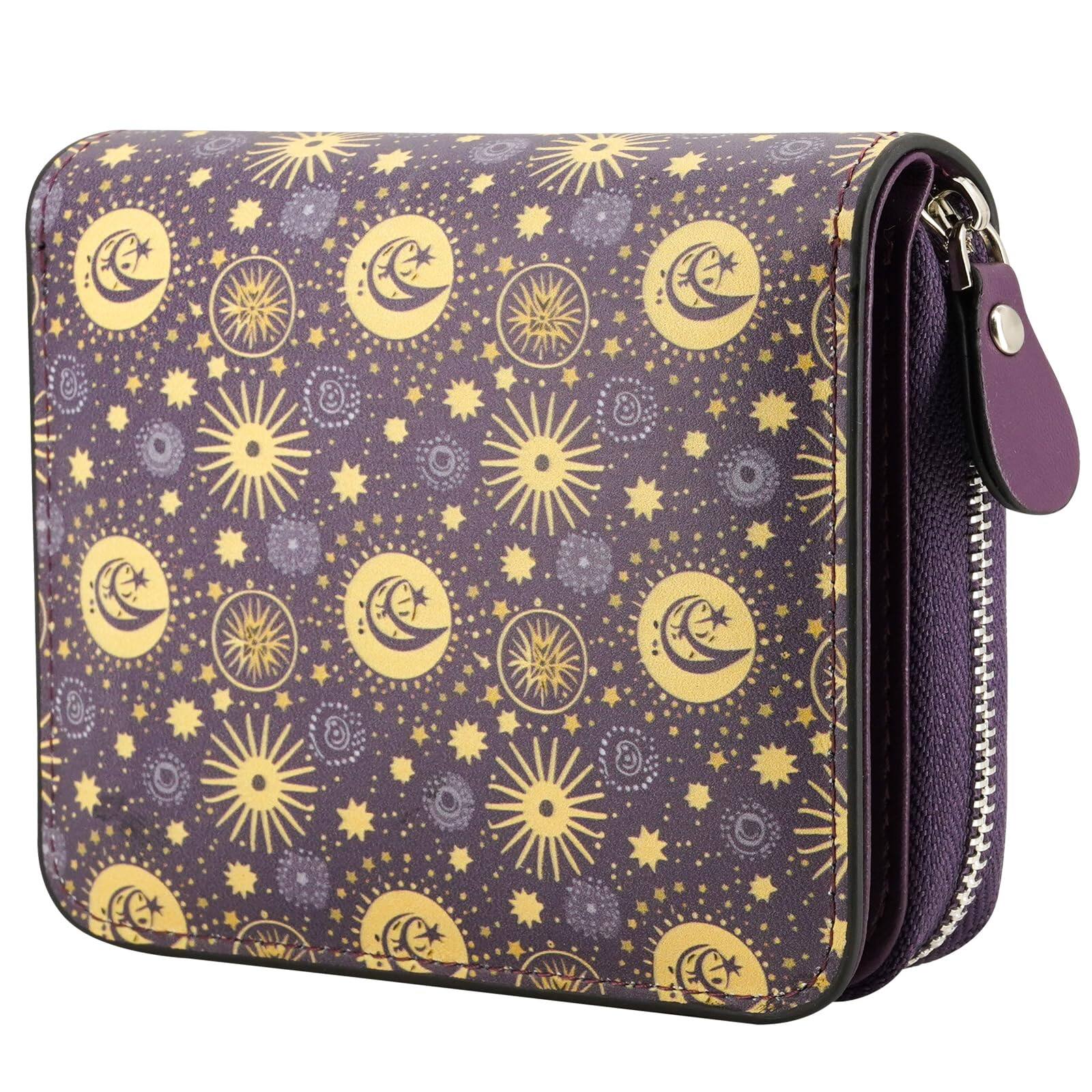 Jadie Link - Small Wallet Women Genuine Leather Rfid Blocking Credit Card Holder Slim Compact Purse Womens Wallets Window Slots - Cc-Purple Sun Star