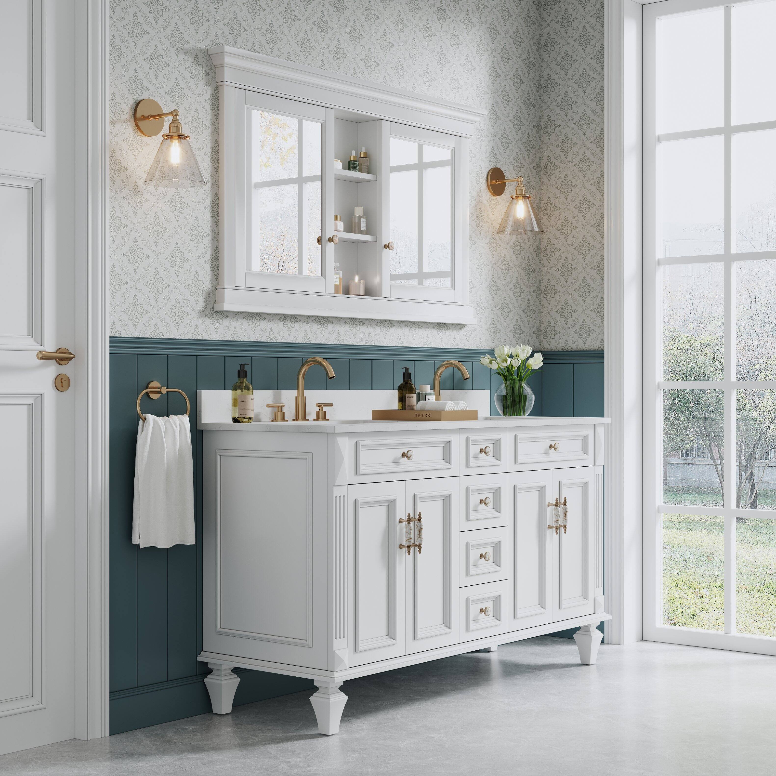 Alt View 1. WELLFOR - 55-Inch W x 32-Inch H Recessed Solid Rubberwood Medicine Cabinet with Mirrored Door - White.
