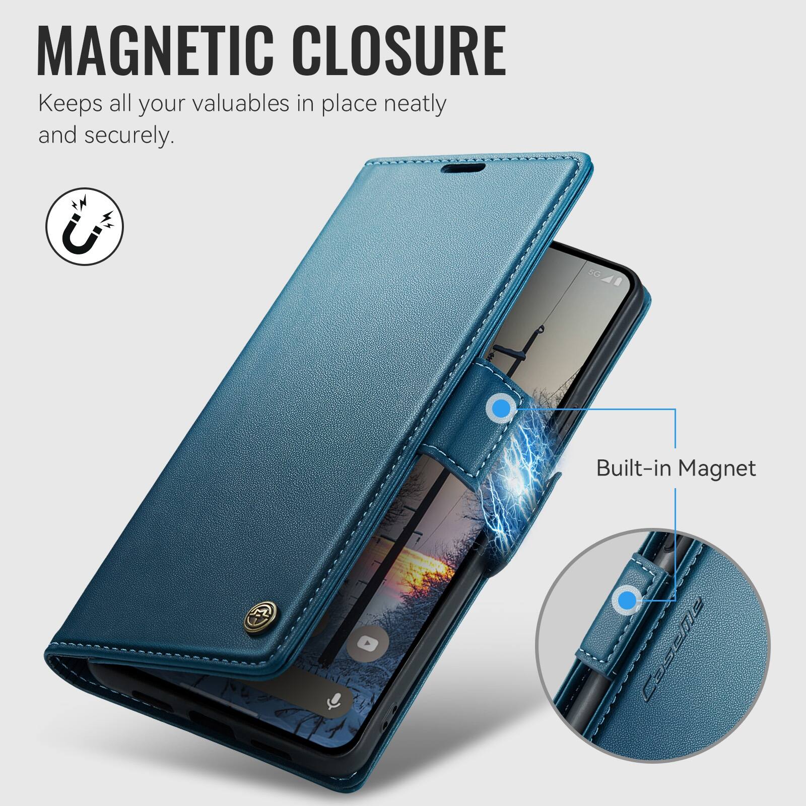 MAGNETIC CLOSURE  
Keeps all your valuables in place neatly and securely.  

Built-in Magnet