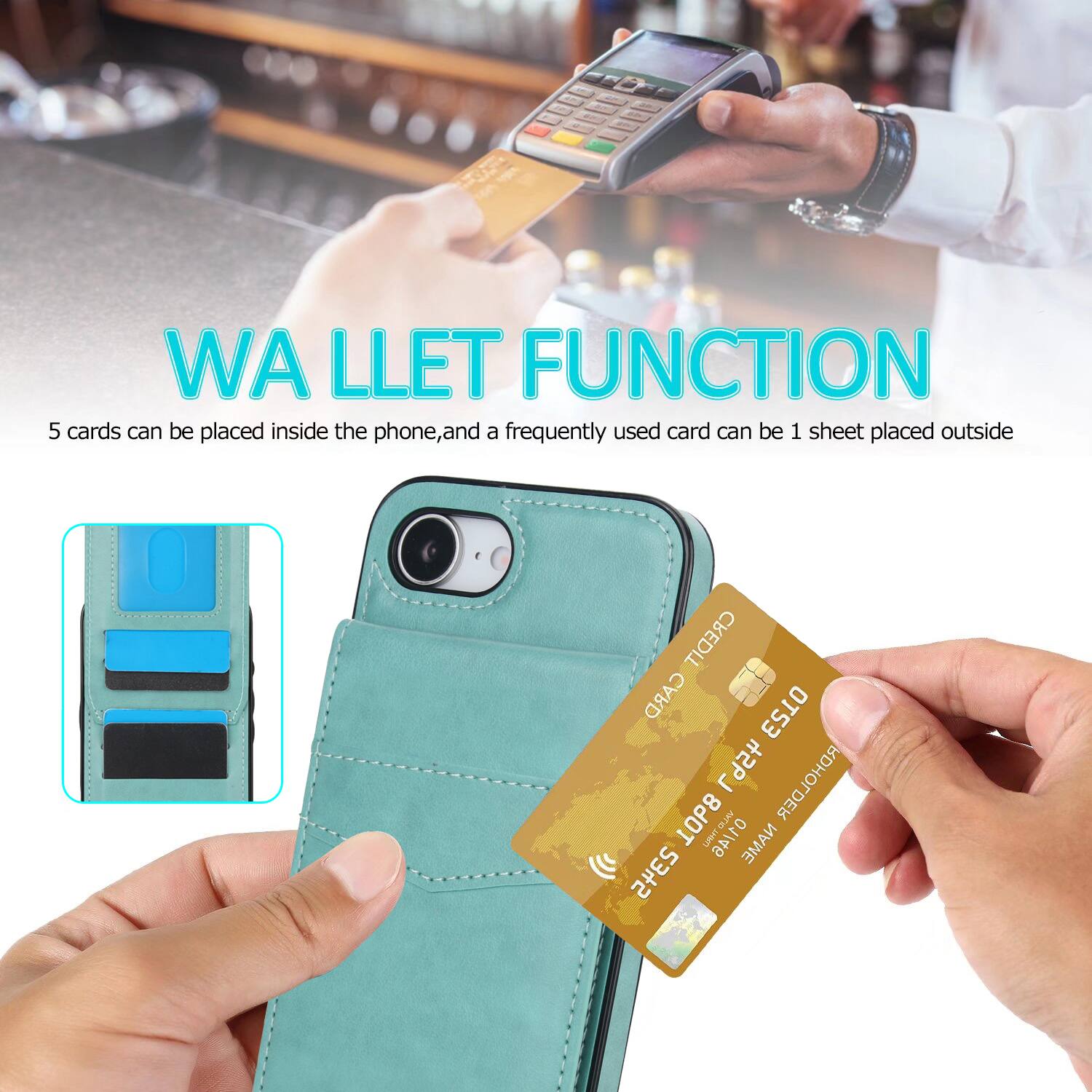 WA LLET FUNCTION  
5 cards can be placed inside the phone, and a frequently used card can be 1 sheet placed outside  
CREDIT CARD HOLDER  
As UPHT ANTI NAME 2345