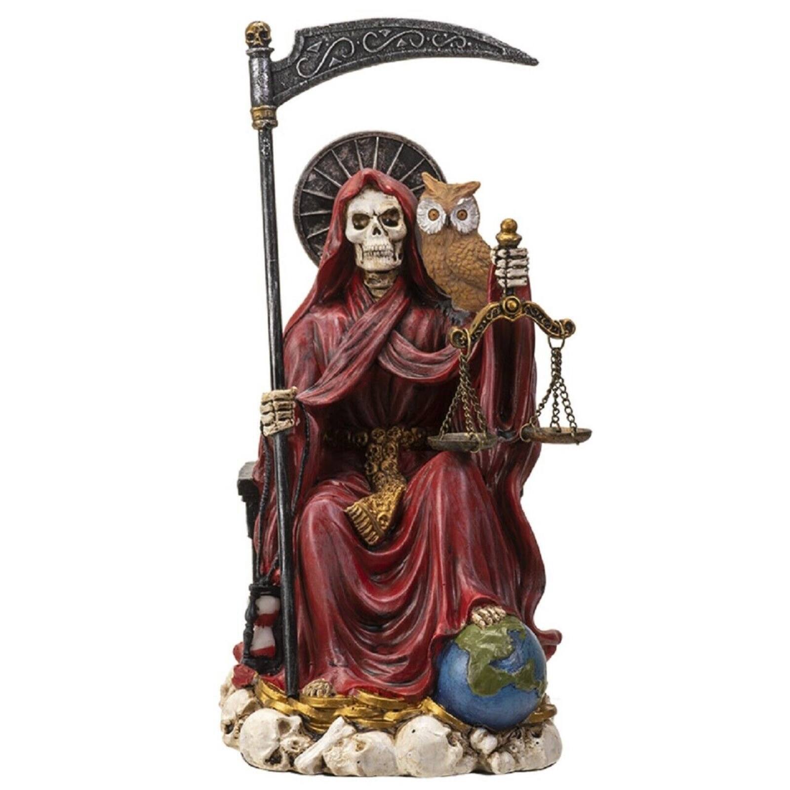 Sitting Santa Muerte in Red Gown with Owl and Scale Figurine 9 Inch