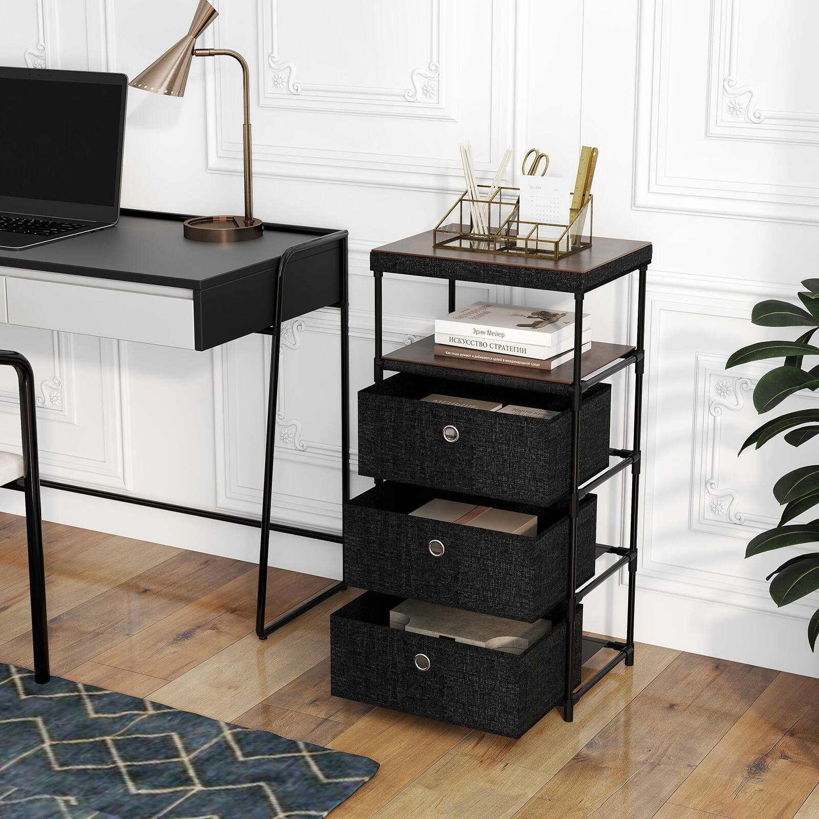 Alt View 1. Gymax - Gymax 3-Drawer Dresser w/ Shelf w/ Fabric Bins Industrial Storage Tower Unit - Black.