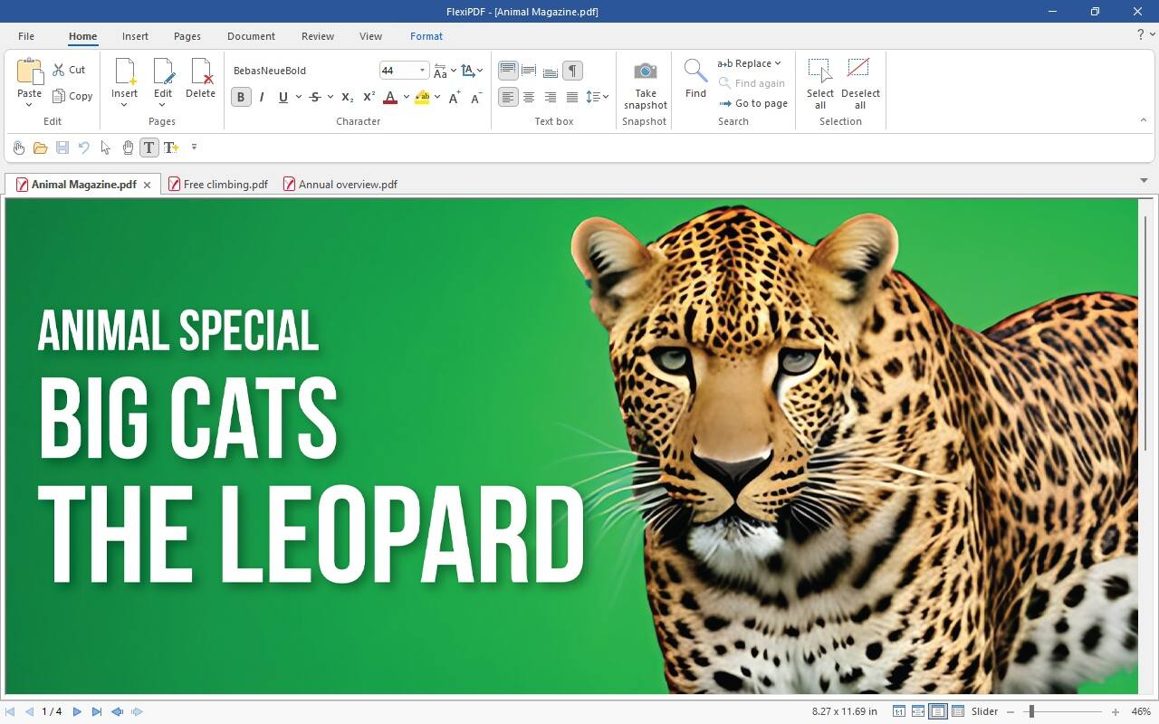 The text on the image is grouped and corrected as follows:

File Home Insert Pages Document Review View FlexiPDF [Animal Magazine.pdf] Format x ? Cut Paste Copy edit BebasNeueBold 44 Insert edit Delete I U S x x Pages Character Aa A A Text box a+b Replace Find again Take Find snapshot Go to page Snapshot Search Select Deselect all all Selection T T 2 Y Animal Magazine.pdf x 7 Free climbing.pdf V Annual overview.pdf ANIMAL SPECIAL BIG CATS THE LEOPARD 1/4 8.27 x 11.69 in 11 = Slider oe + 46%
