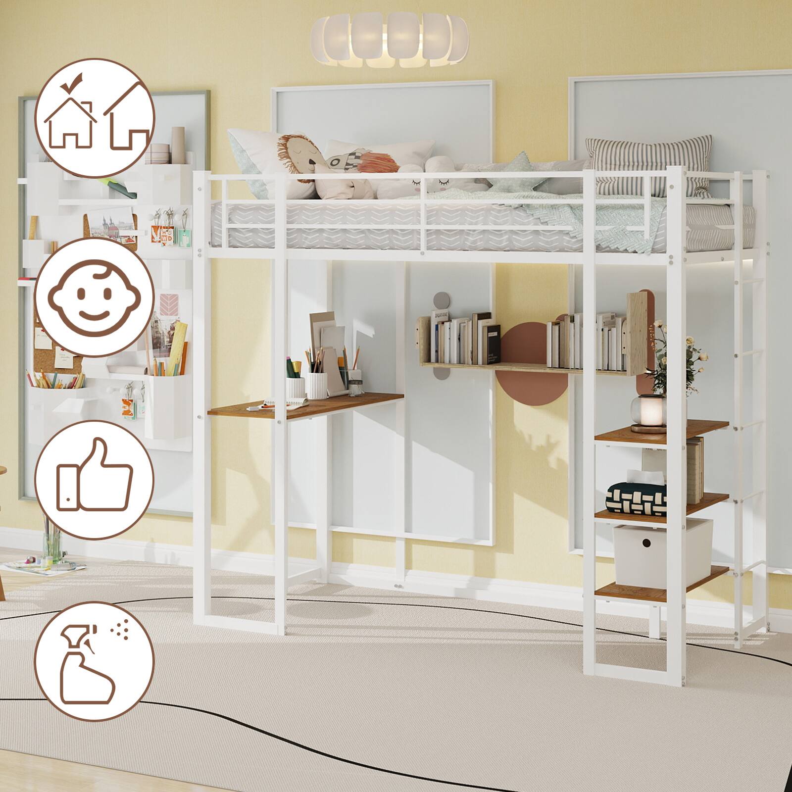 Alt View 3. Loheer - Loheer Twin Loft Bed with Desk and Storage Shelves Modern White Metal Wood Space Saving Frame for Small Rooms - White.