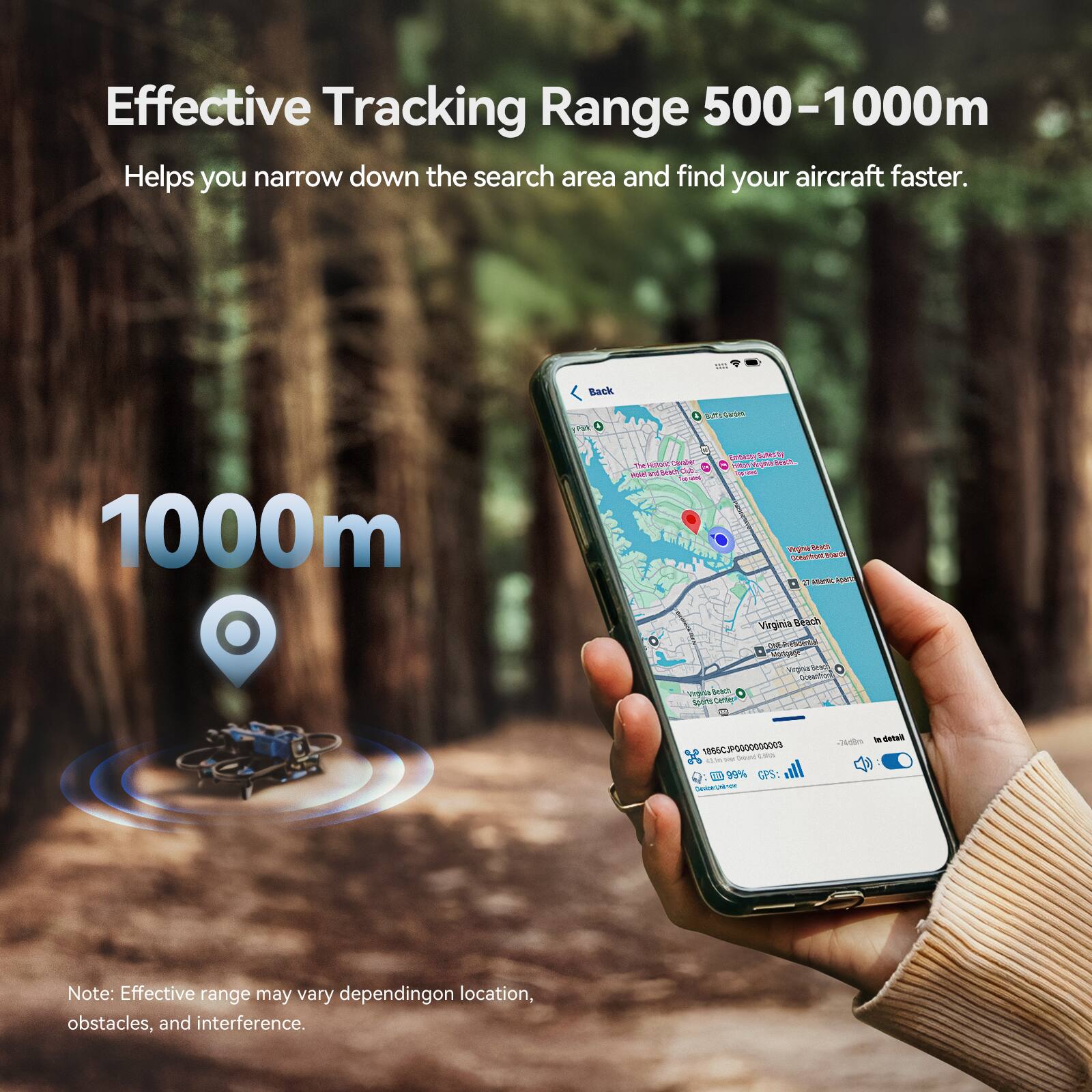 Effective Tracking Range 500-1000m  
Helps you narrow down the search area and find your aircraft faster.

1000m

Note: Effective range may vary depending on location, obstacles, and interference.