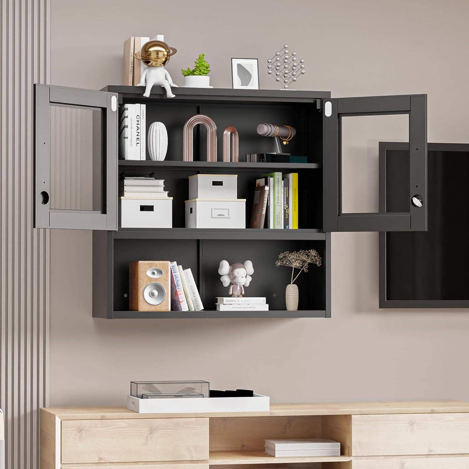 Left. Winado - Metal Wall Mounted Display Cabinet with Locking Glass Front Door & Adjustable Interior Shelf for Office, Kitchen, Garage - Black.
