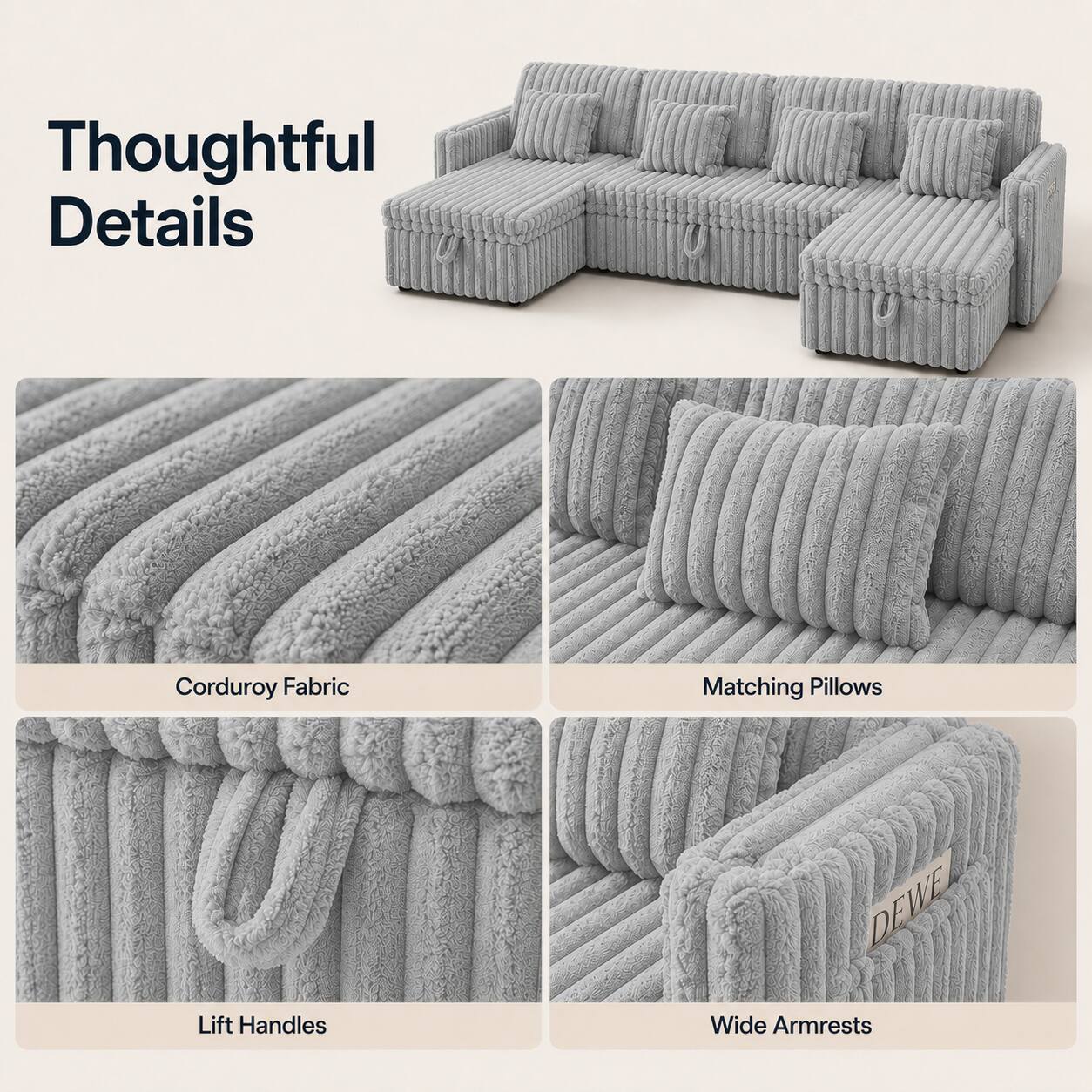 Thoughtful Details

- Corduroy Fabric
- Matching Pillows
- Lift Handles
- Wide Armrests