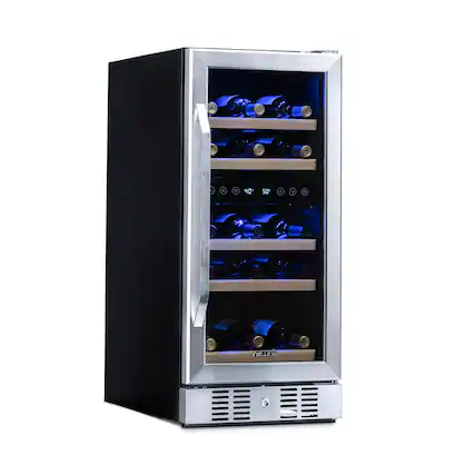 The text on the image reads "a 7 2 new." However, it is unclear what the text refers to. It could be a description or a label for the wine refrigerator or the wine bottles.