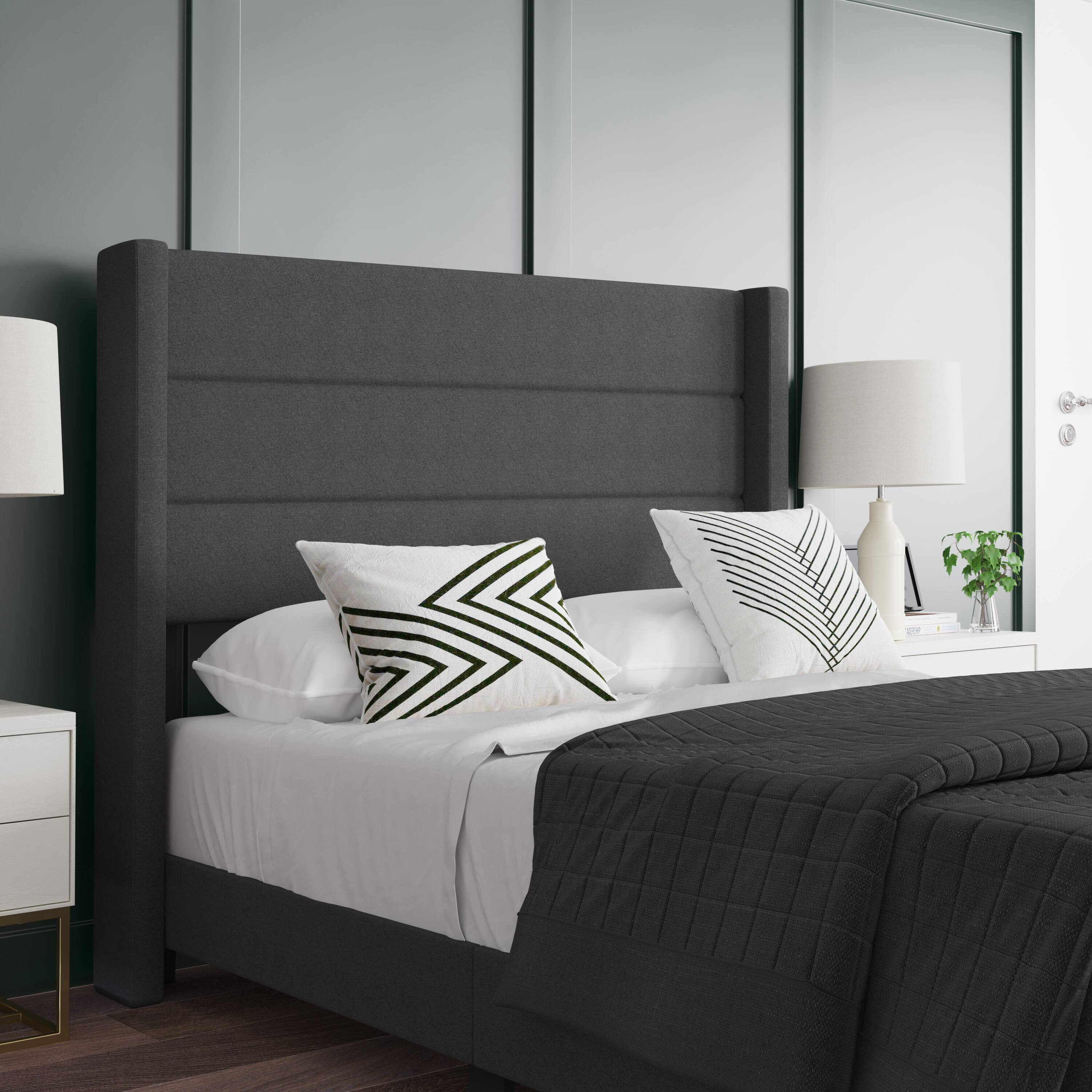 Alt View 4. Emma + Oliver - Upholstered Platform Bed with Wingback Headboard - Charcoal.