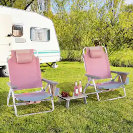 Costway - 2-Pack Folding Backpack Beach Chair Table Set 5-Position Outdoor Reclining Chair - Pink
