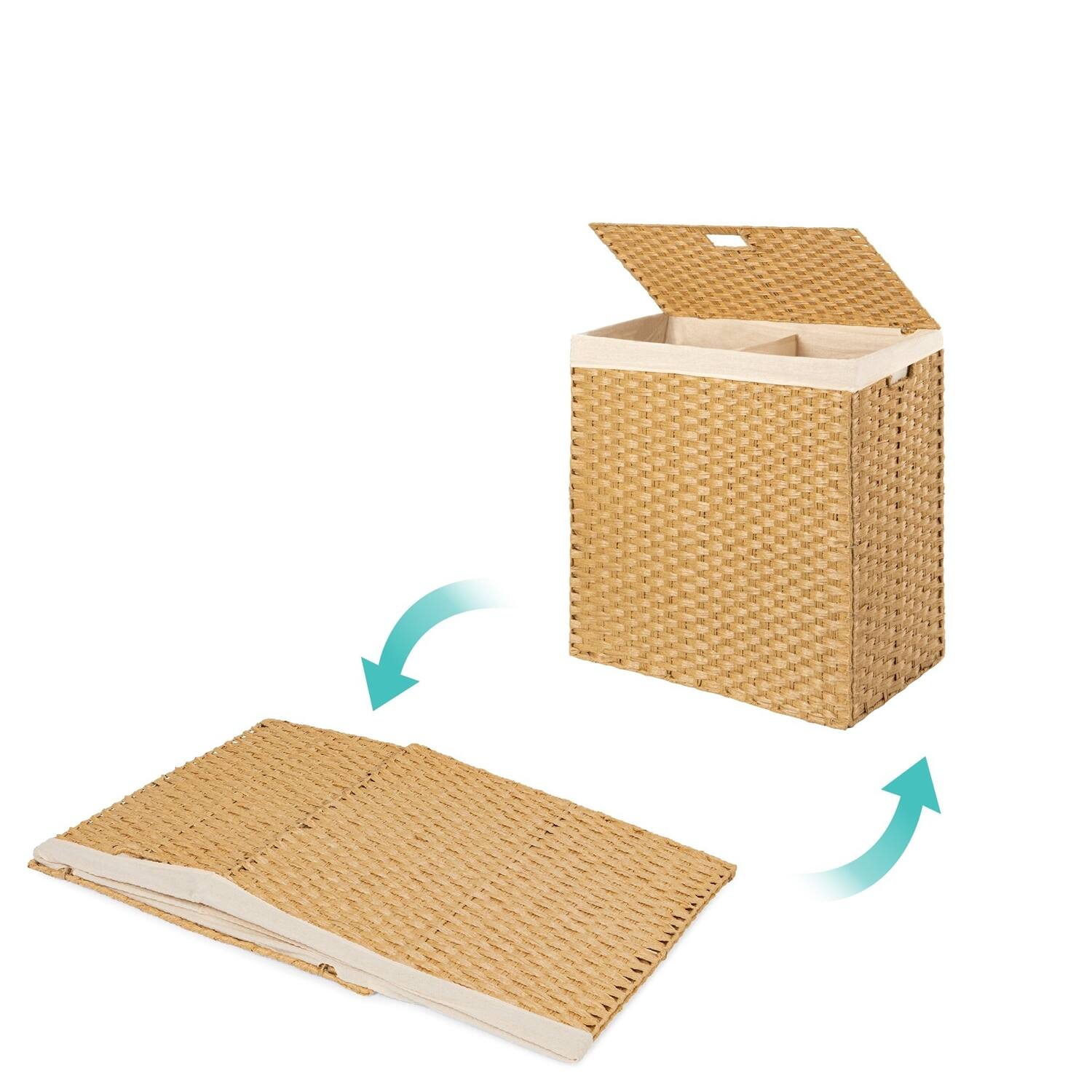 Left. Hivvago - Folding 2-Bin Natural PE Wicker Linen Liner Laundry Hamper w/ Handles - Natural.