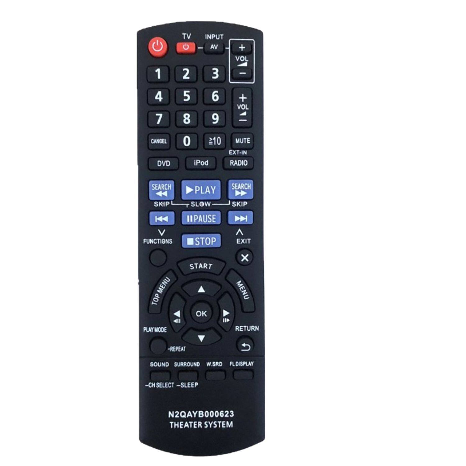 1 2 3 TV INPUT AV 4 5 6 + VOL - 7 8 9 + VOL - 0 10 MUTE EXT-IN RADIO CANCEL DVD iPod SEARCH PLAY SKIP SLOW PAUSE STOP FUNCTIONS EXIT START MENU RETURN TOP MENU OK DISPLAY PLAY MODE REPEAT SOUND SURROUND W.SRD CH SELECT SLEEP N2QAYB000623 THEATER SYSTEM