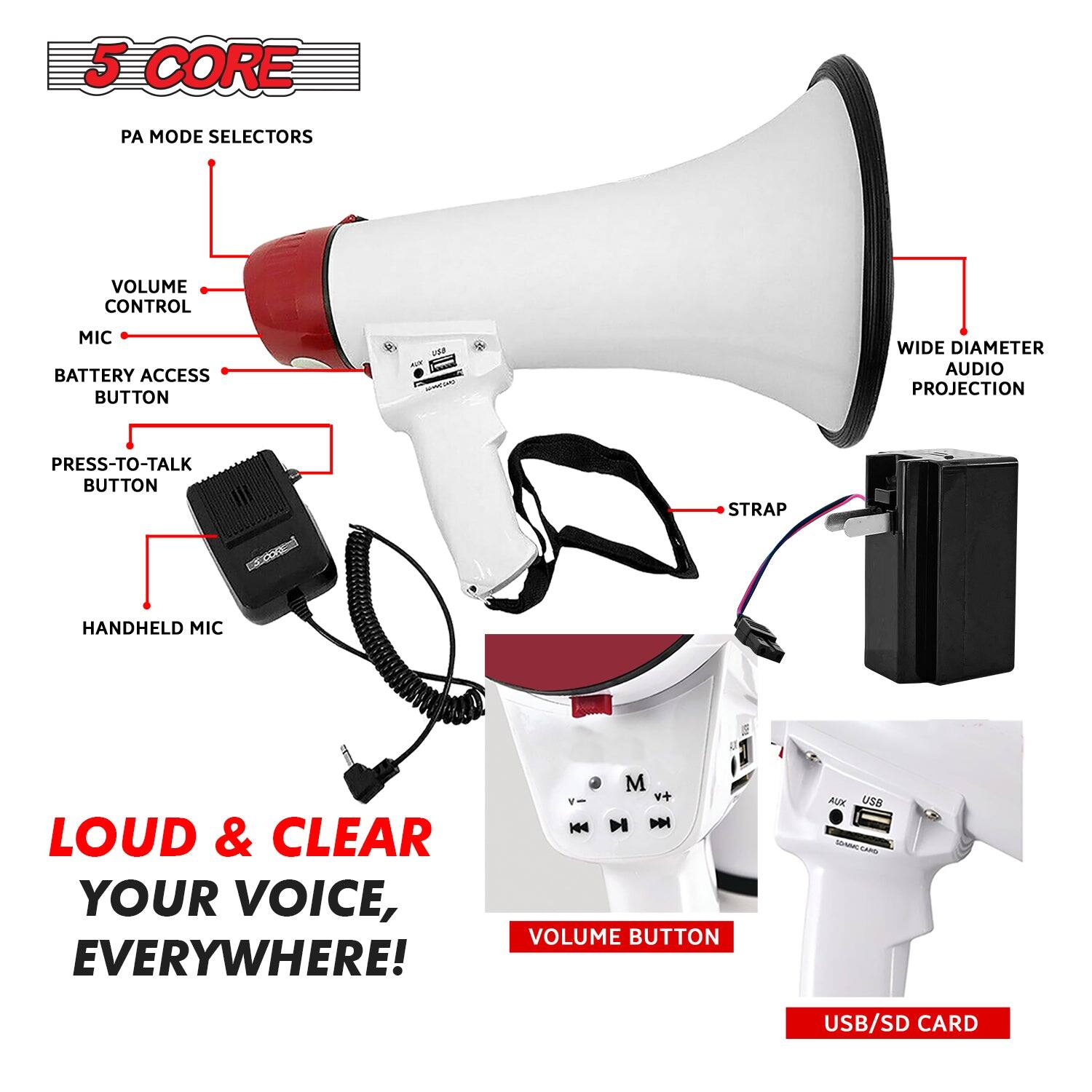 5 CORE

PA MODE SELECTORS

VOLUME CONTROL

MIC

BATTERY ACCESS BUTTON

PRESS-TO-TALK BUTTON

HANDHELD MIC

STRAP

WIDE DIAMETER AUDIO PROJECTION

LOUD & CLEAR YOUR VOICE, EVERYWHERE!

VOLUME BUTTON

USB/SD CARD