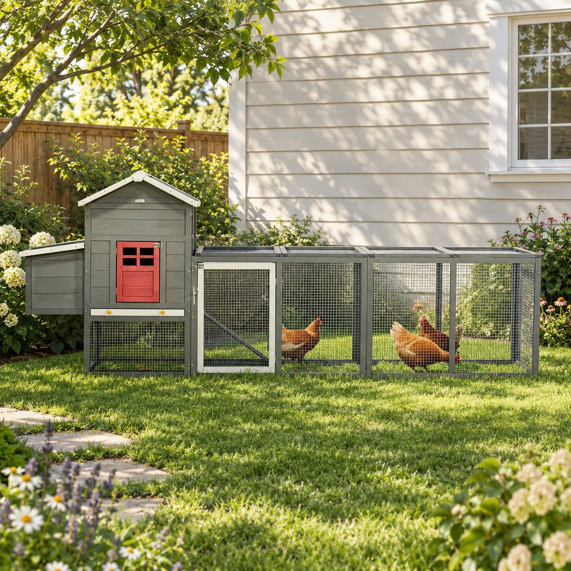 Alt View 1. RYHNUYNE - 118 in Extra Large Wooden Chicken Coop, Fir Wood Hen House, Asphalt Roof, Nesting Box, Slide-Out Tray.