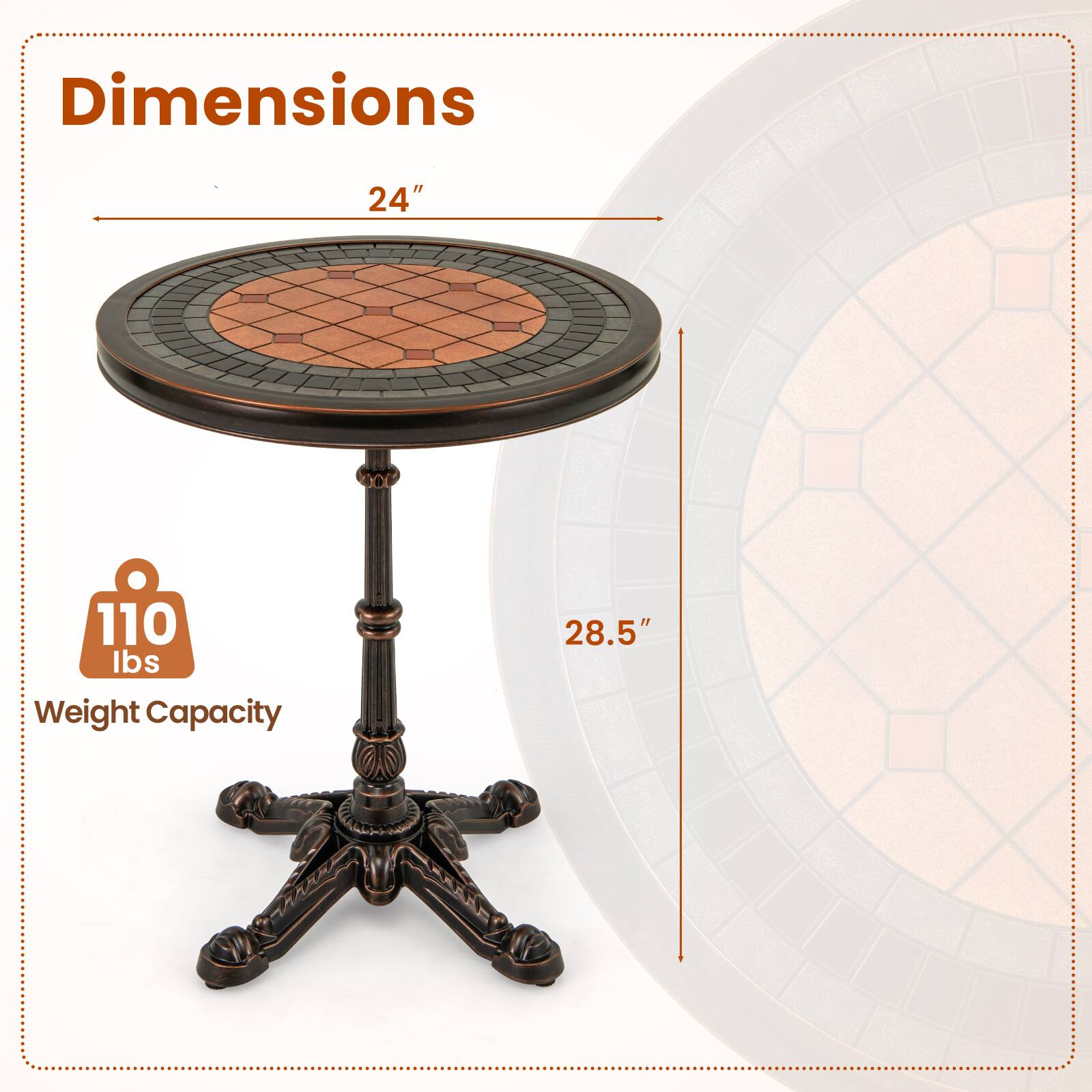Dimensions: 24"  
Weight Capacity: 110 lbs  
Height: 28.5"